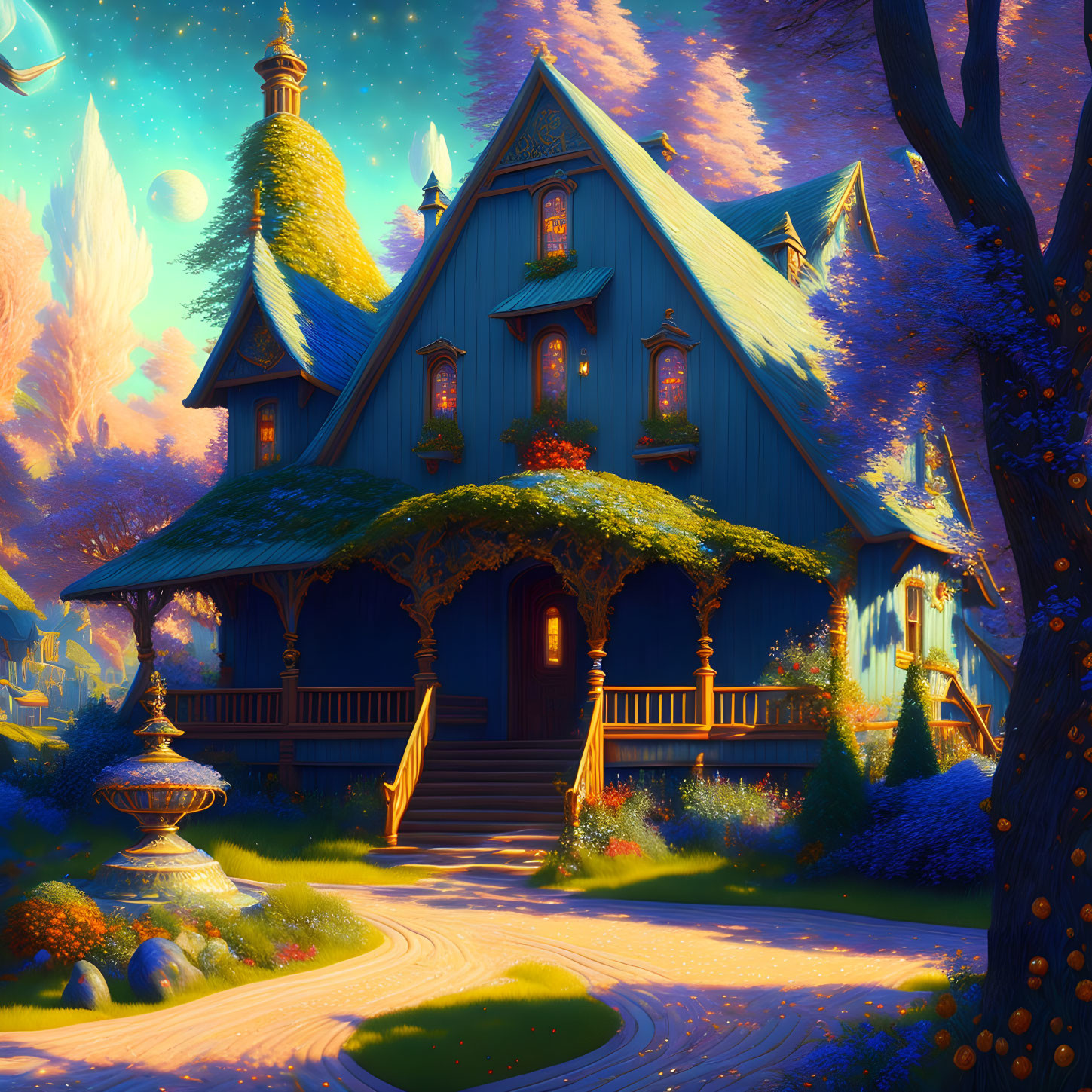 Detailed illustration of vibrant blue cottage in lush foliage under twilight sky