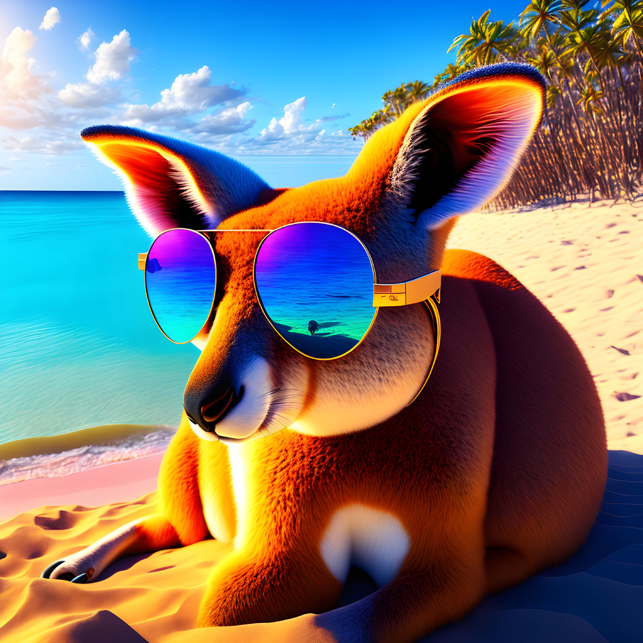 Stylized kangaroo with sunglasses on sandy beach