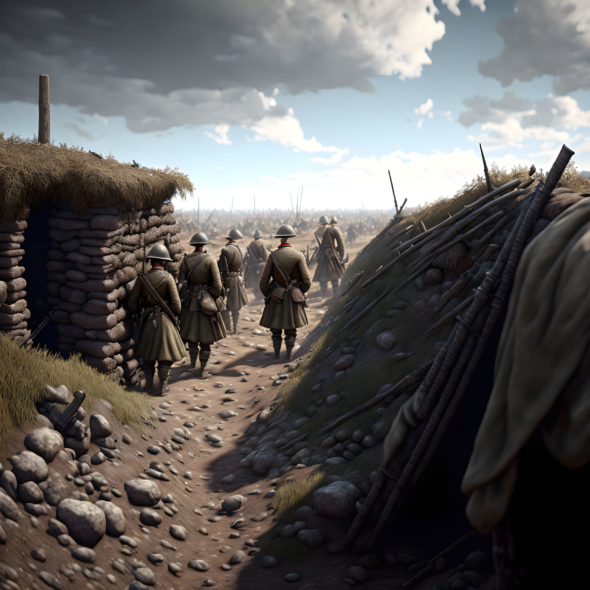 World War I soldiers in trench with sandbags and bunkers under cloudy sky