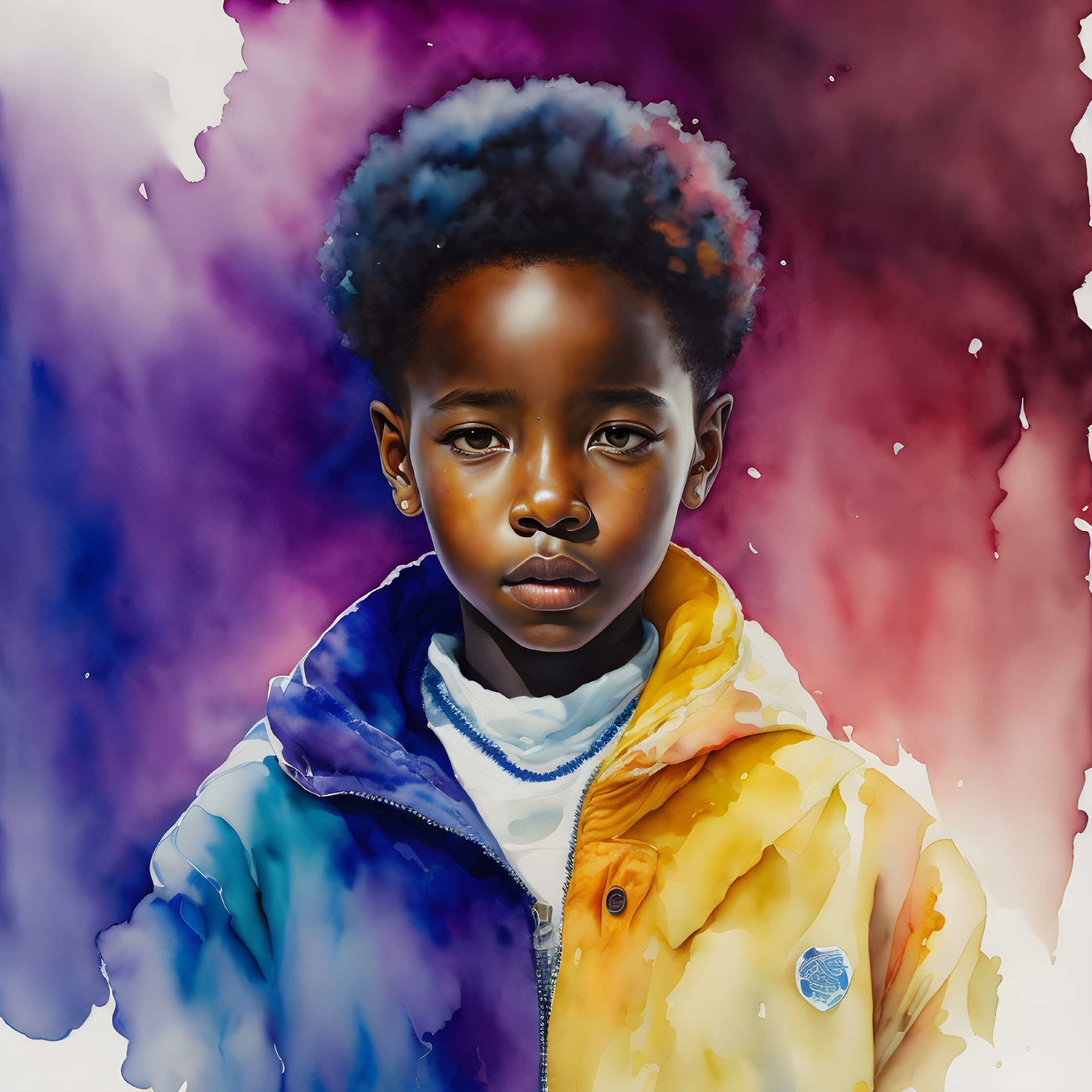 Young child portrait against purple and red watercolor backdrop