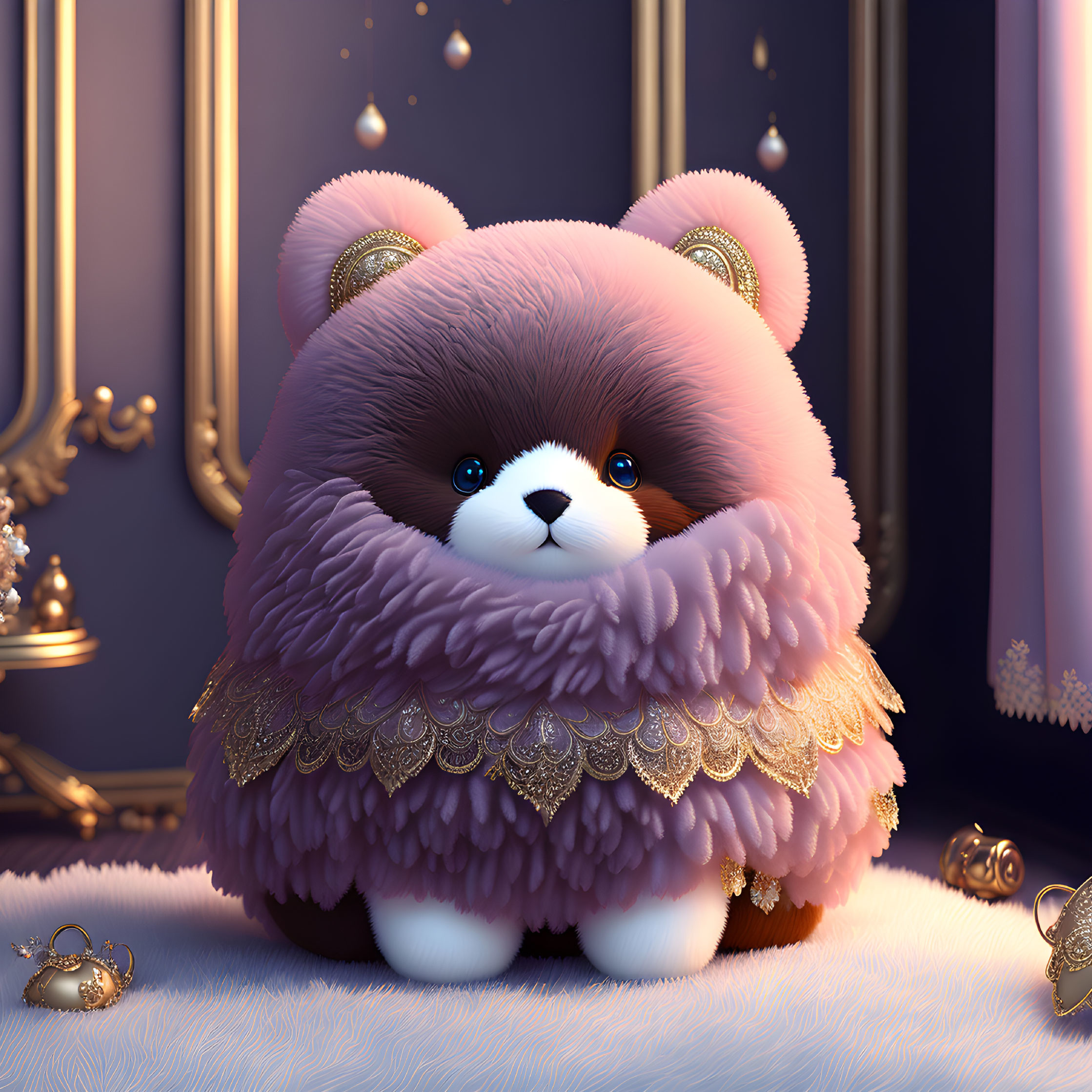 Illustrated fluffy dog-like creature in elegant setting