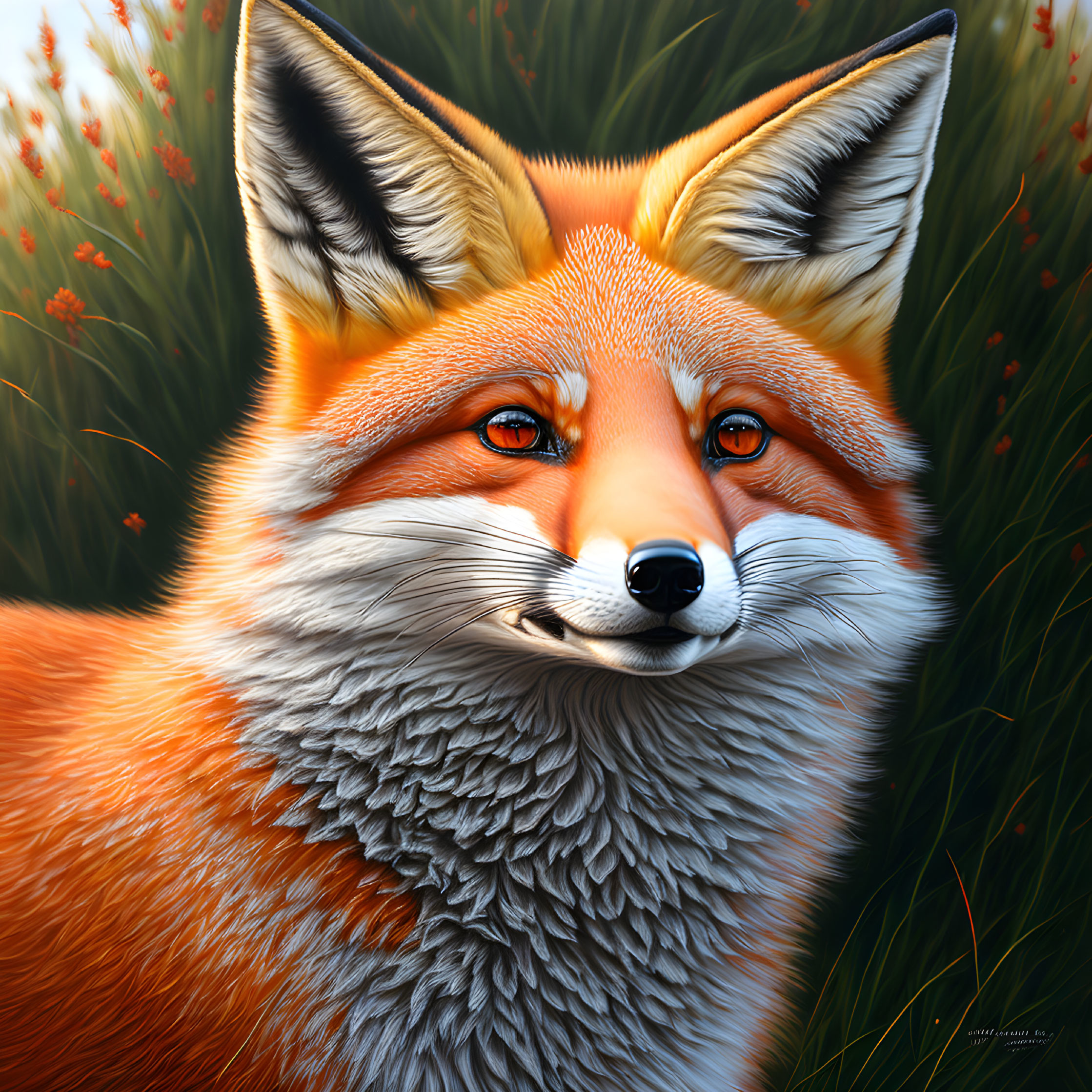 Detailed Illustration: Red Fox Head with Sharp Eyes and Vibrant Fur in Grass and Flowers