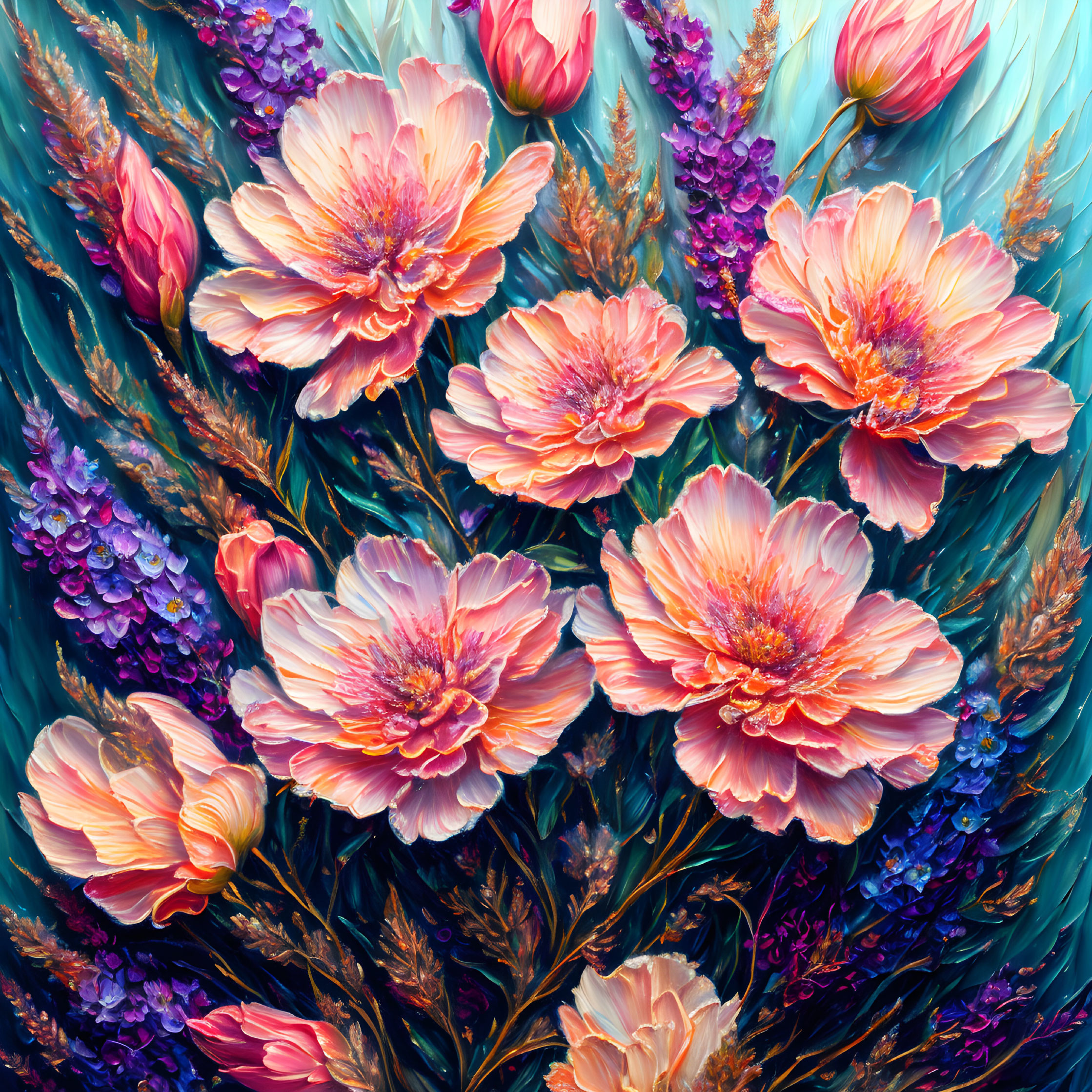 Colorful Floral Painting with Pink and Peach Peonies on Teal Background