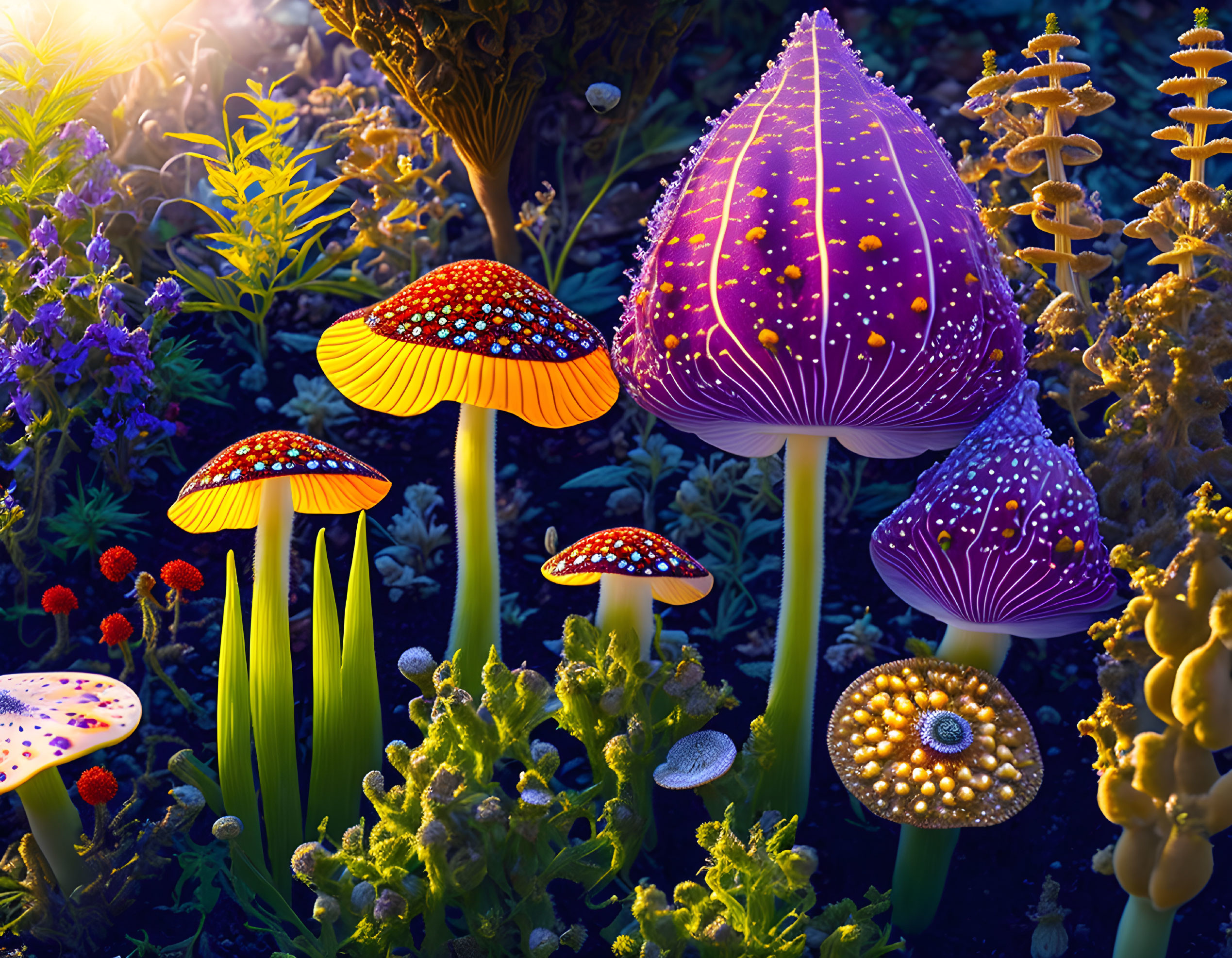 Colorful Mushroom Artwork with Glowing Patterns among Fantasy Flora