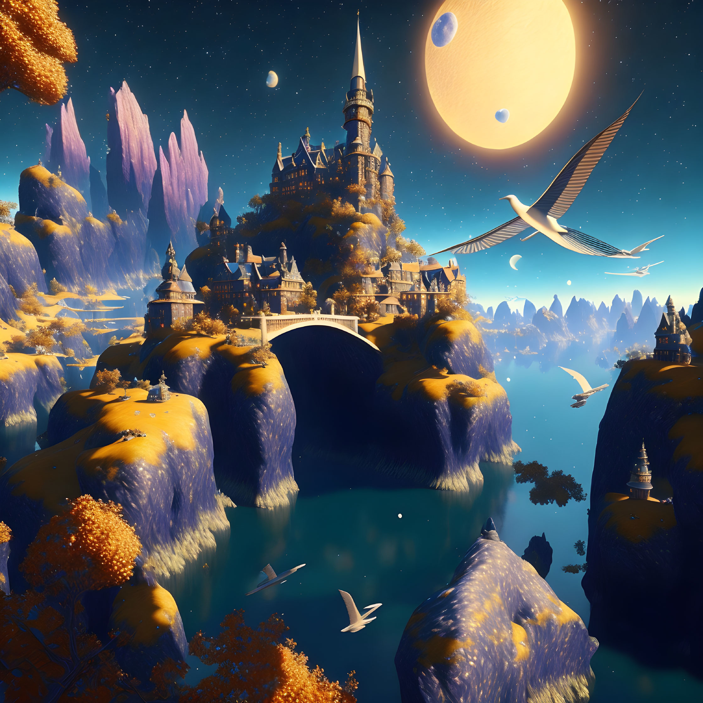 Majestic castle in fantastical floating landscape with two moons and soaring birds