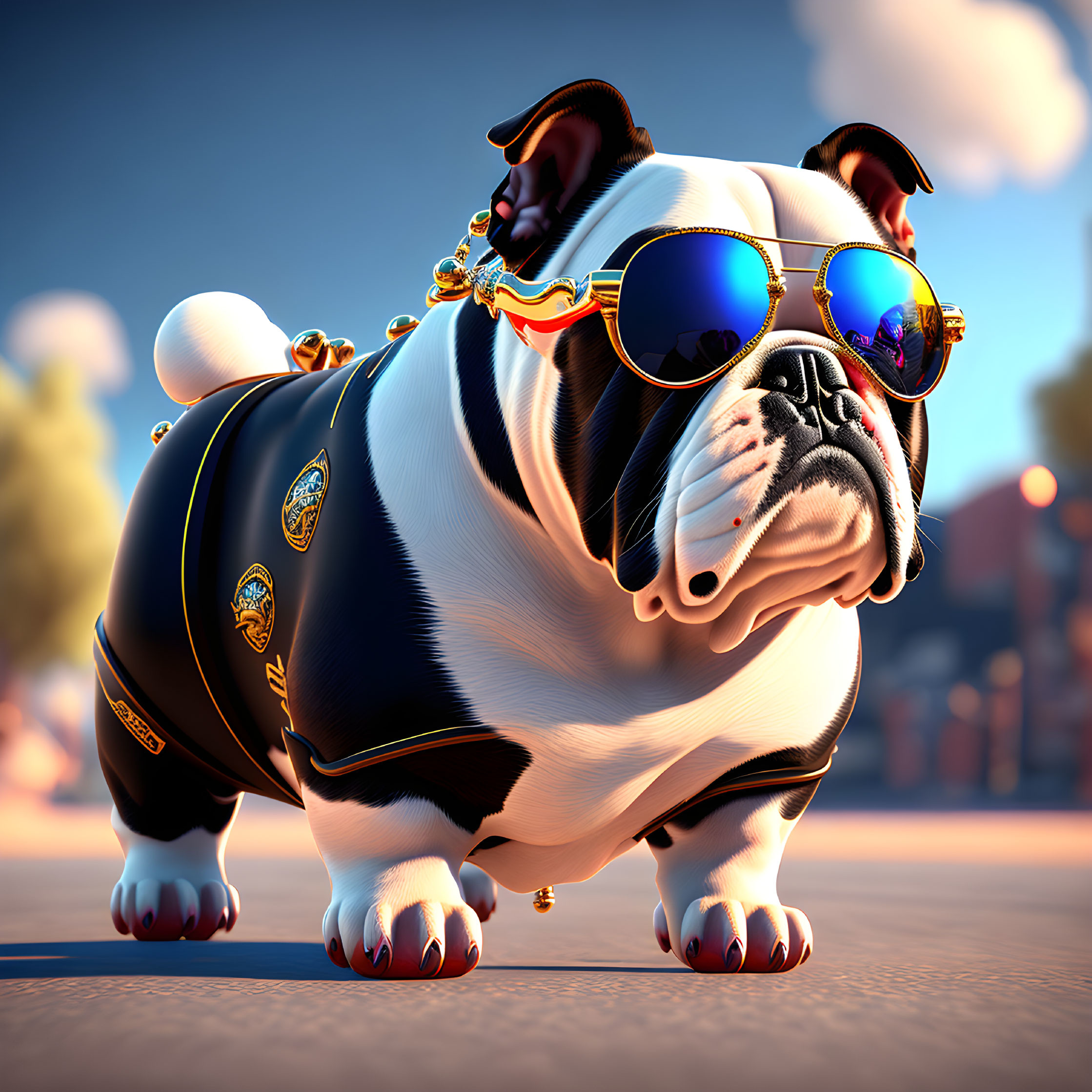 Luxurious Bulldog in Black and Gold Jacket and Sunglasses