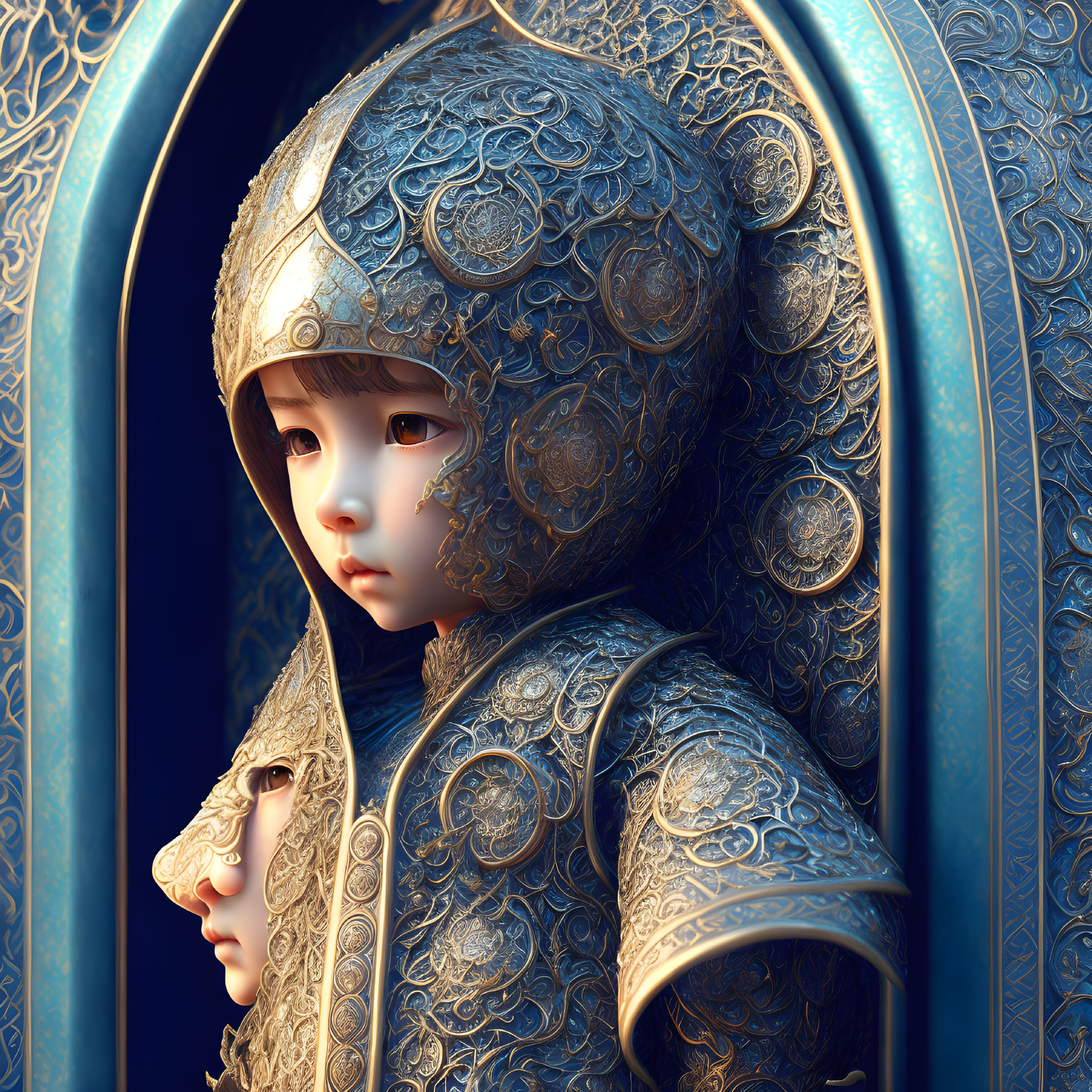 Child figure in ornate blue and gold medieval armor with decorative helm.