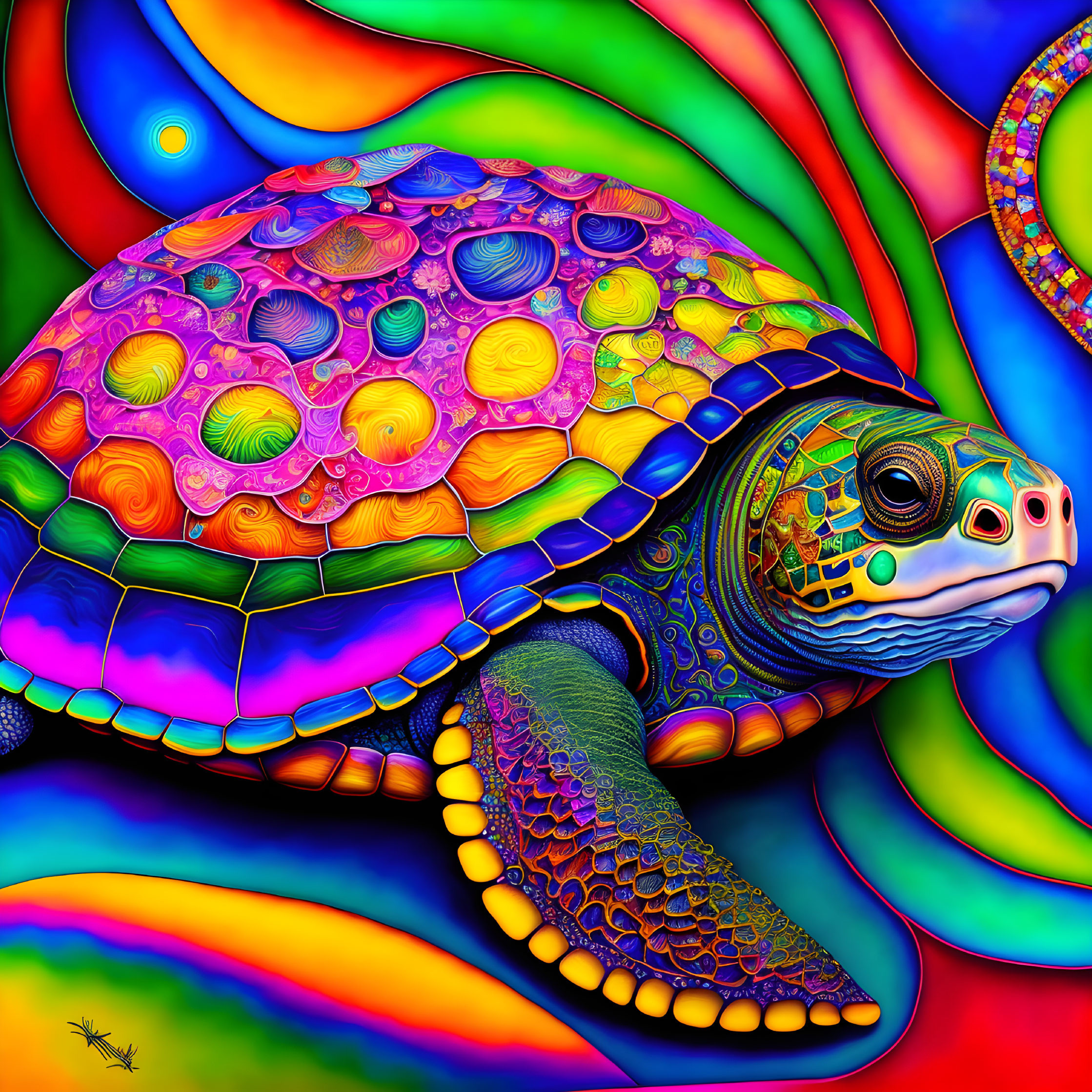 Colorful Psychedelic Turtle Artwork with Swirling Patterns