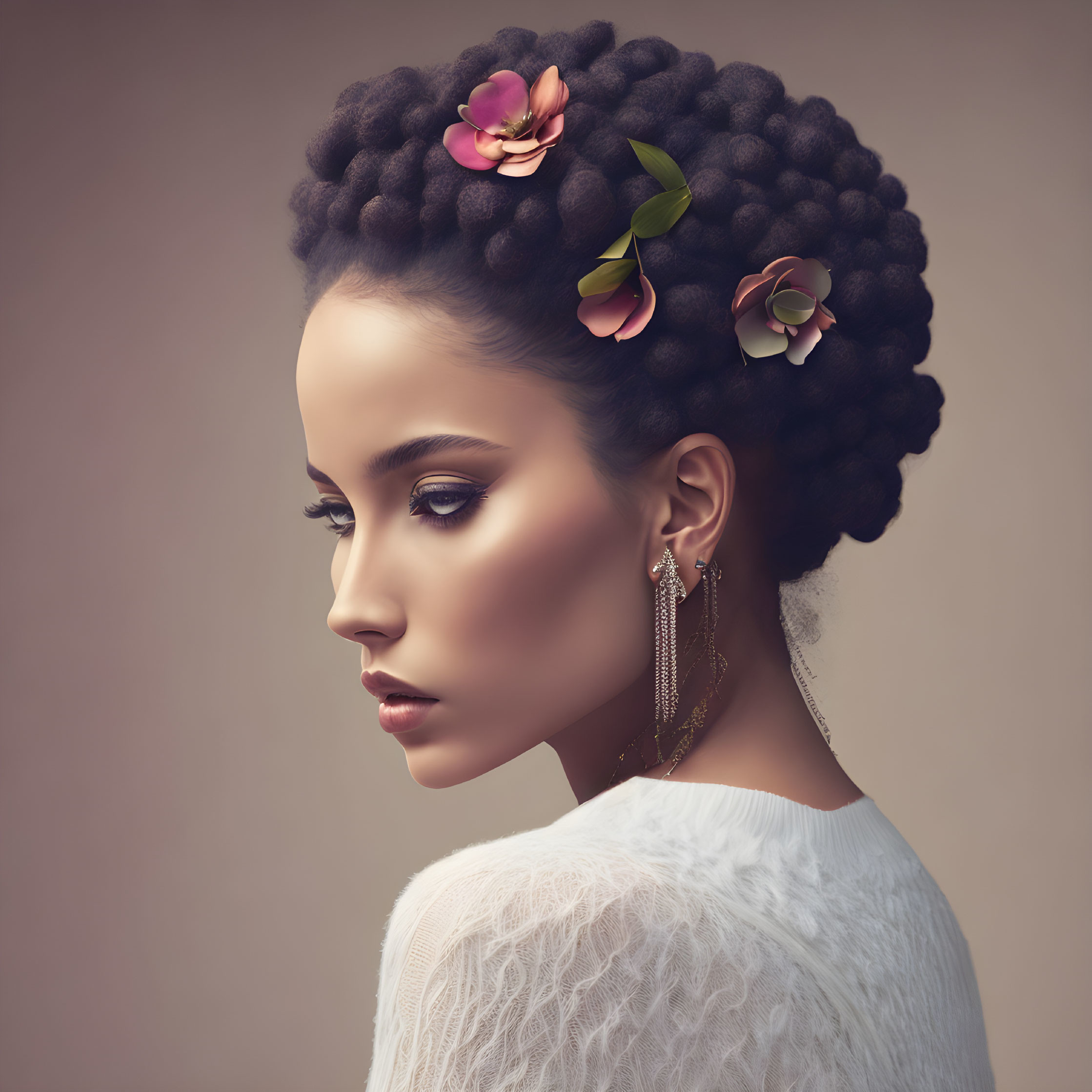 Portrait of woman with dark curly hair and floral accessories in white lace attire