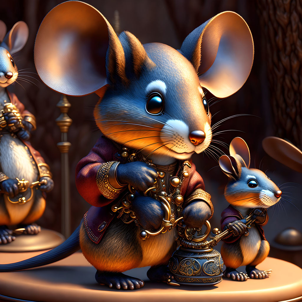 Intricately detailed animated mice with teapot, in renaissance clothing, against wooded backdrop