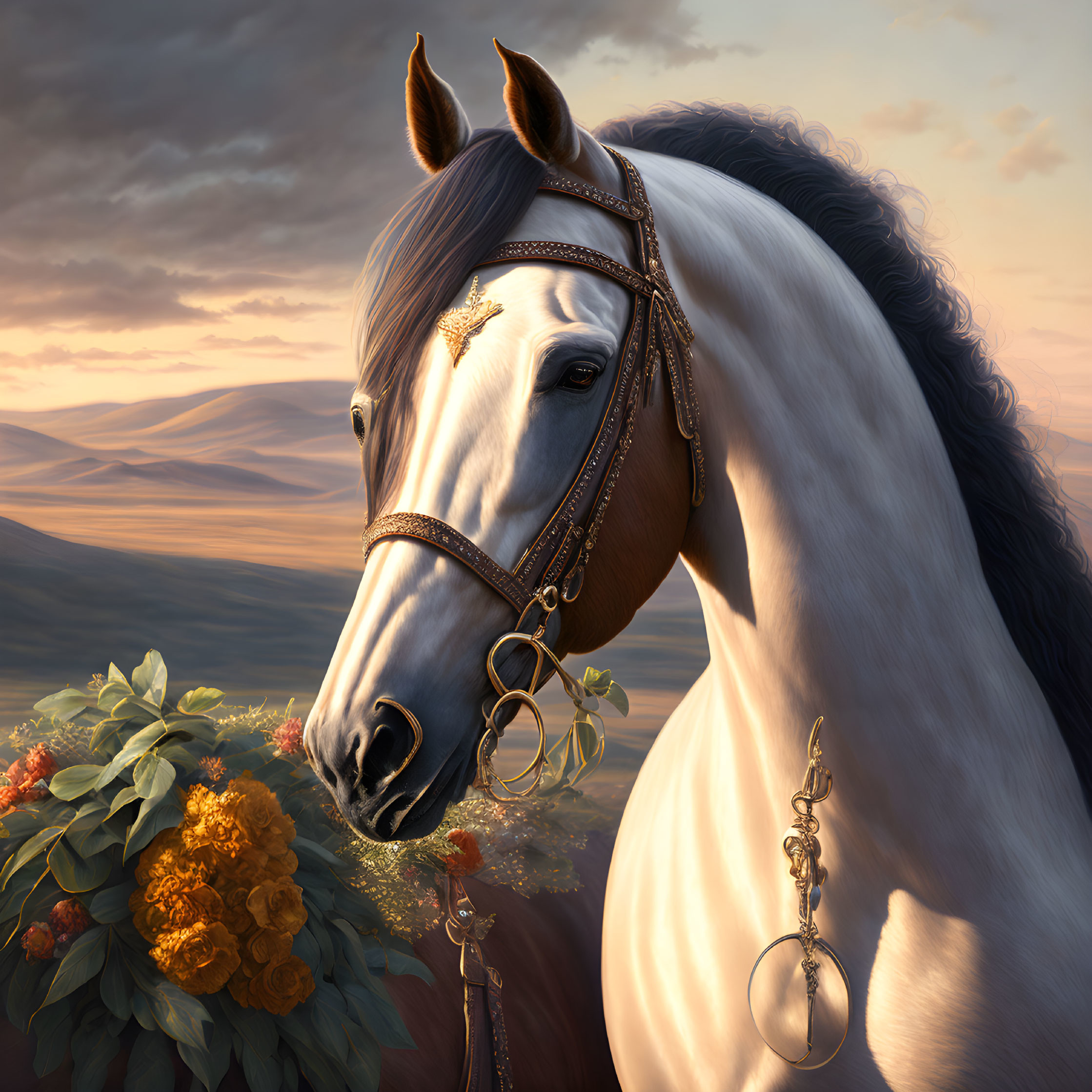 Majestic horse with chestnut mane and ornate bridle in sunset landscape