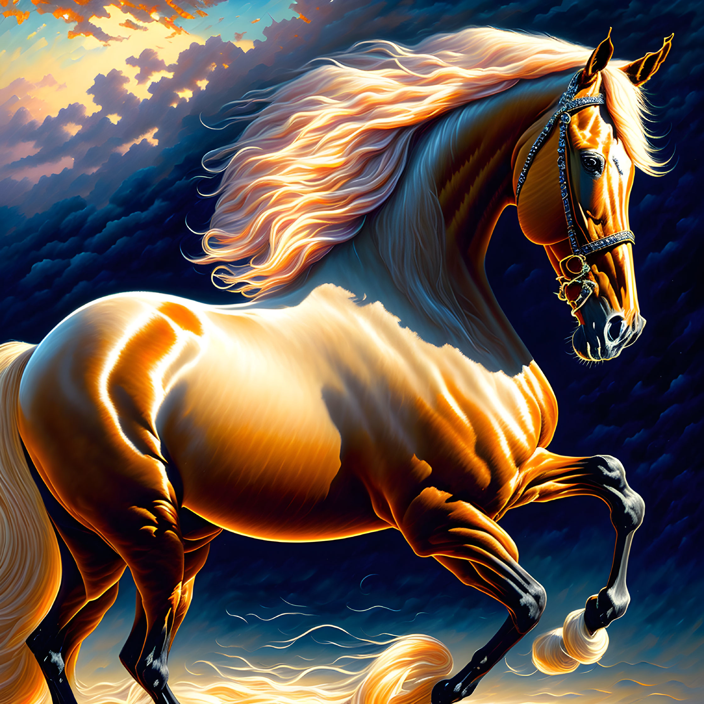 Majestic golden horse with flowing mane against vibrant sky