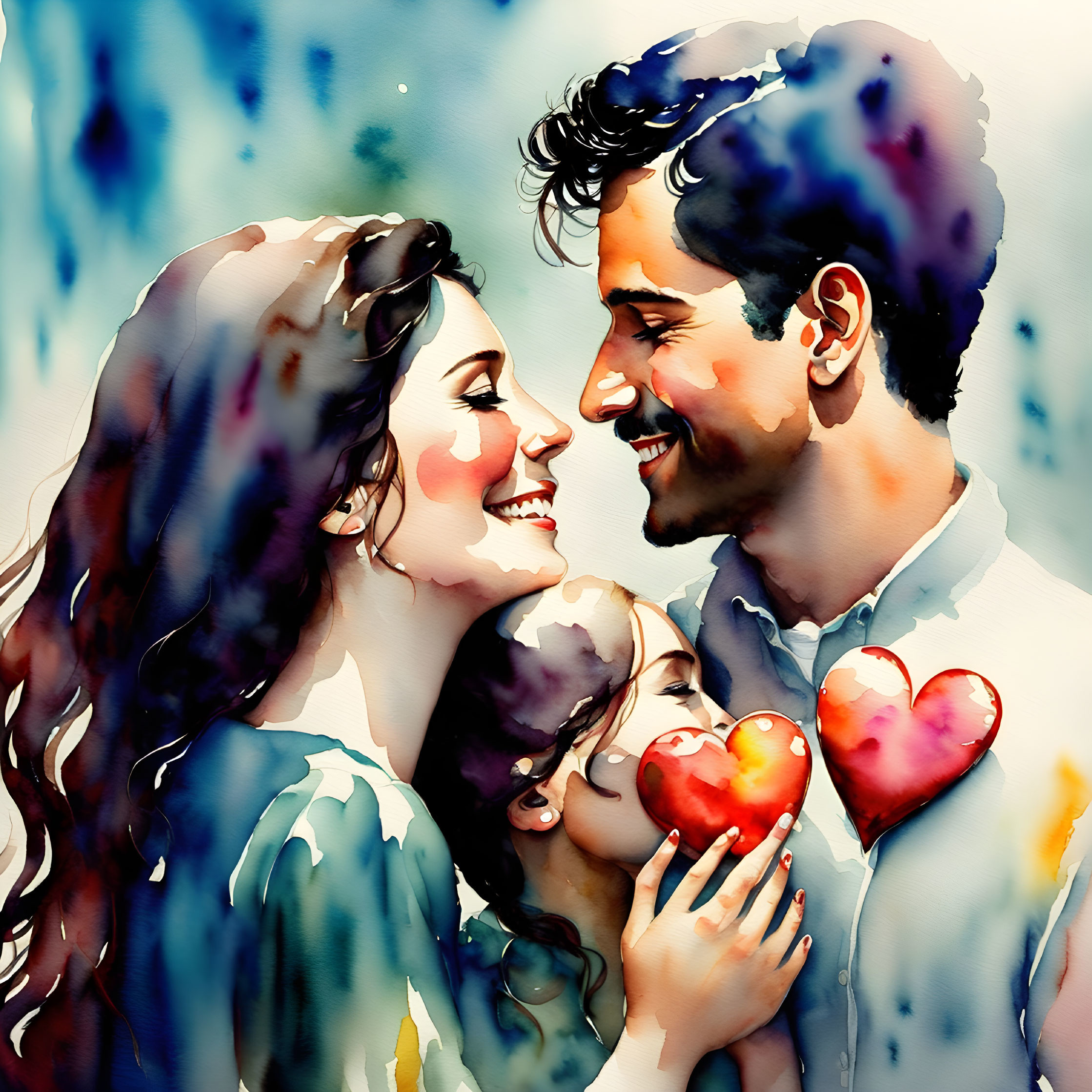 Vibrant Watercolor Painting of Smiling Family with Heart Motifs