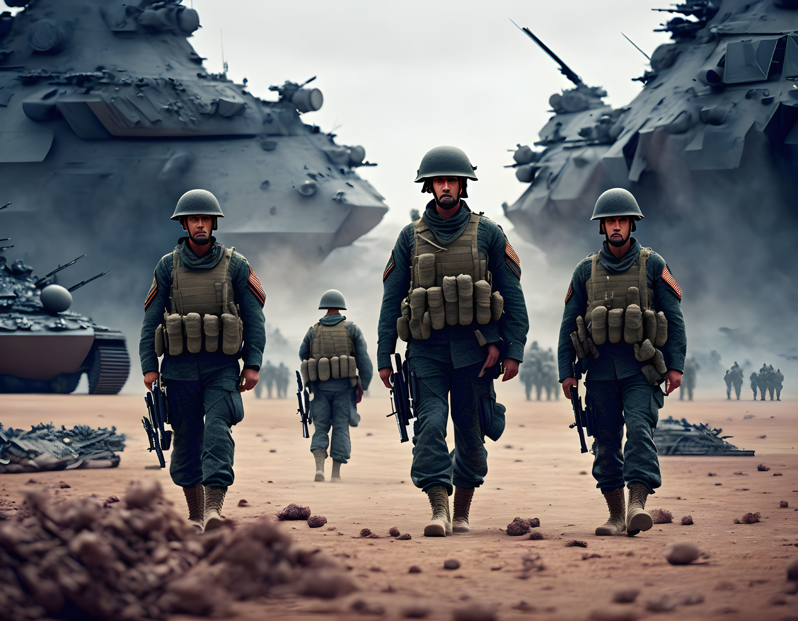 Military soldiers in combat gear on dusty battlefield with tanks and vehicles under gloomy sky