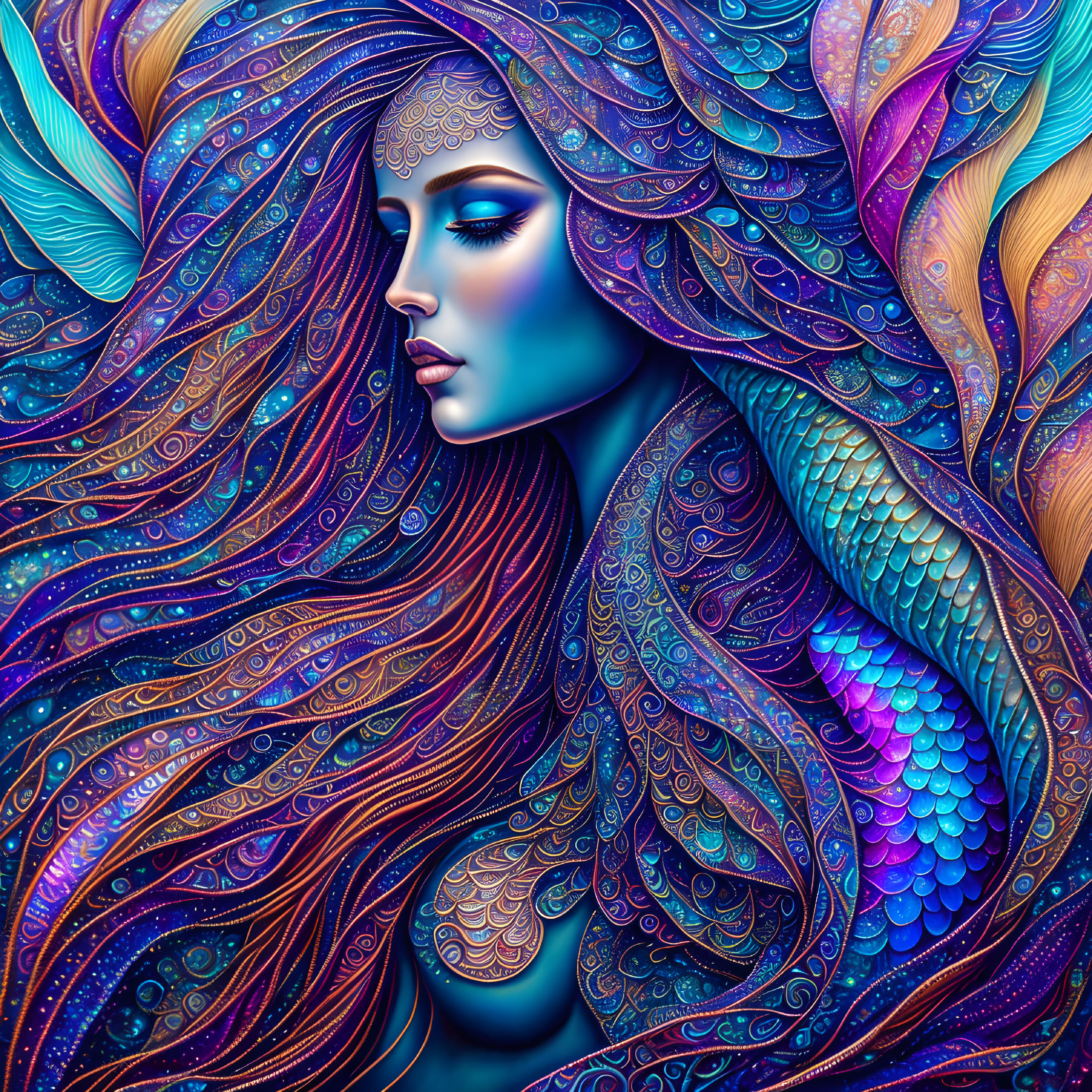 Colorful Stylized Woman Illustration with Flowing Hair and Feather-Like Patterns