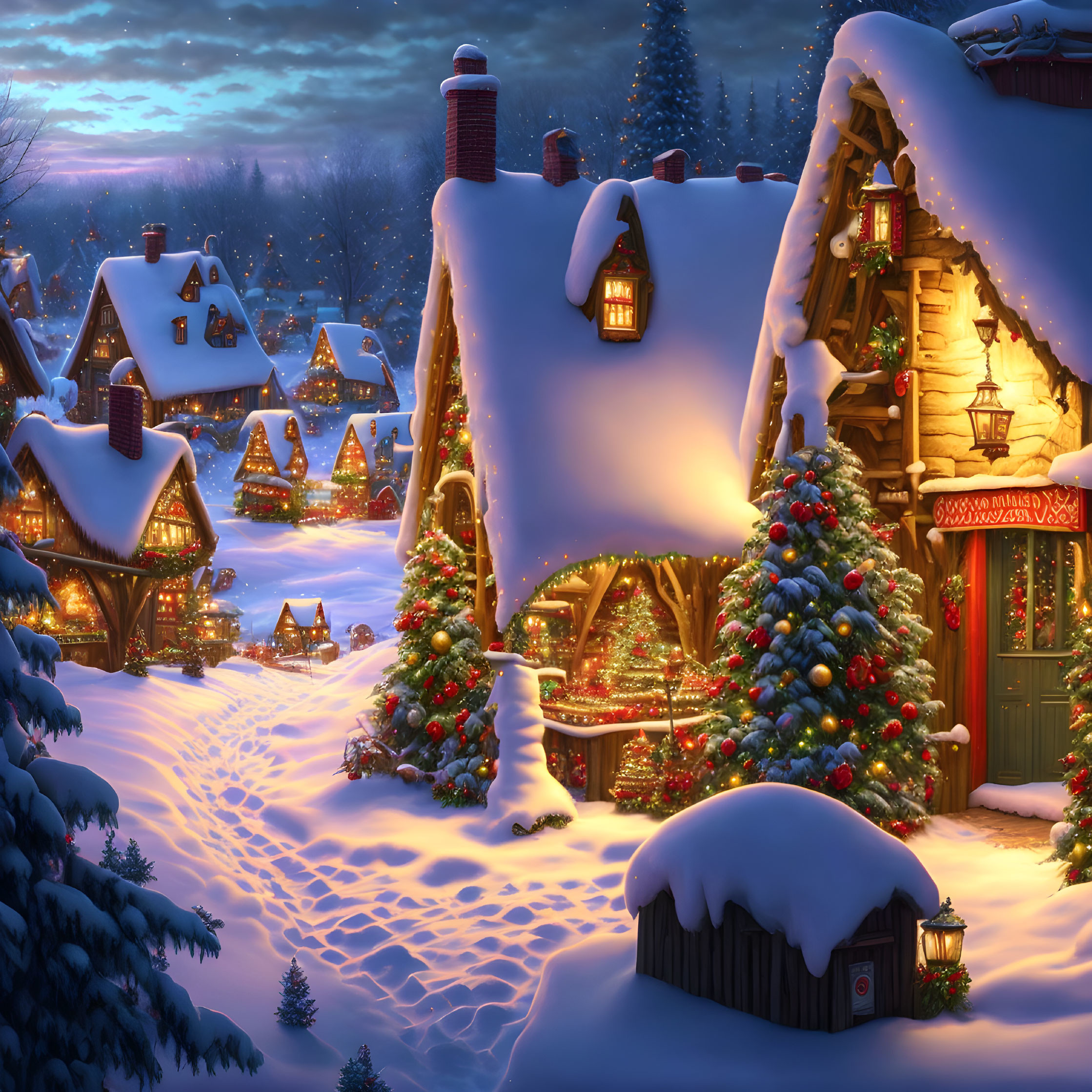 Winter Village Scene with Christmas Decorations and Cozy Cottages