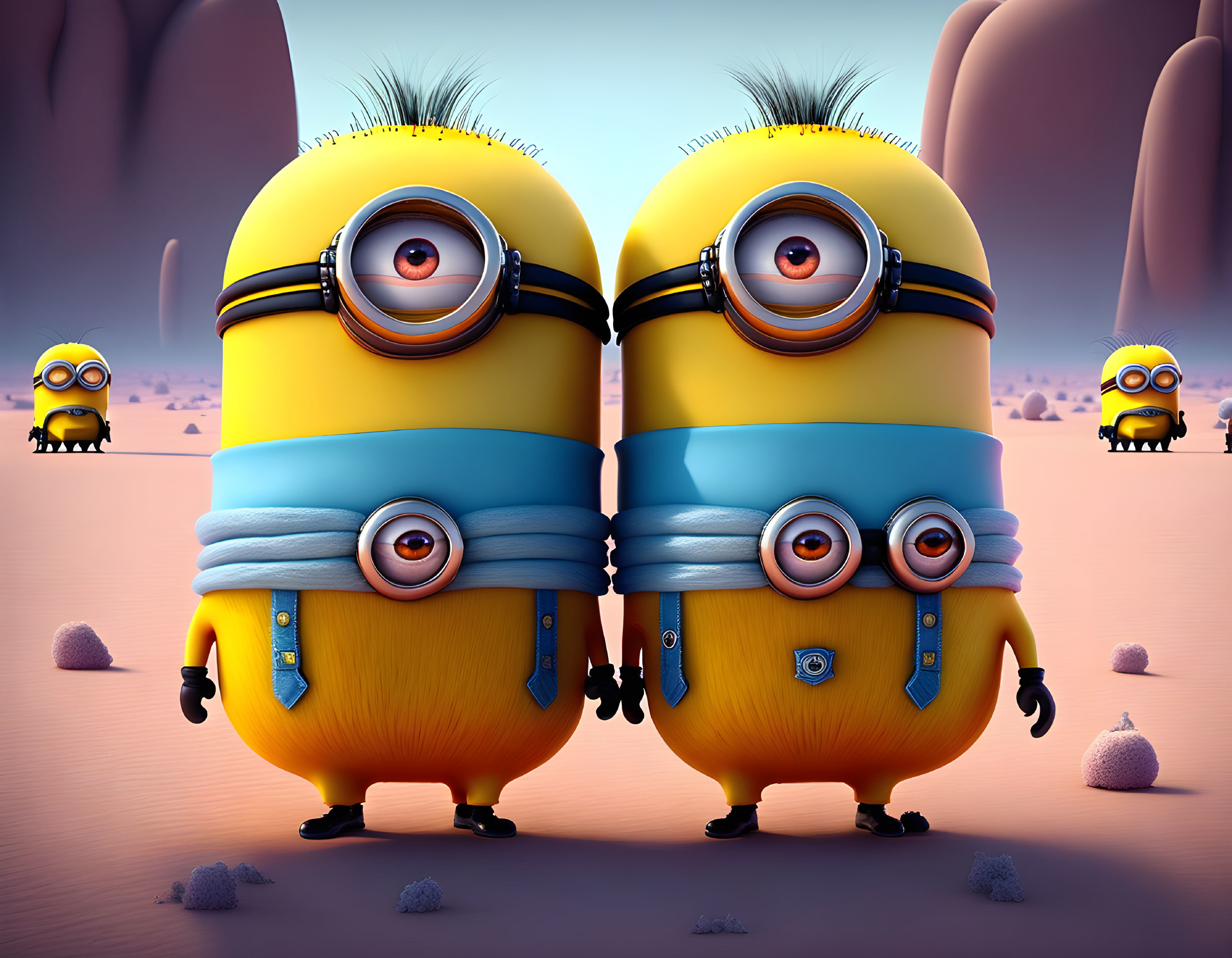 Identical Minions in denim overalls in desert scene