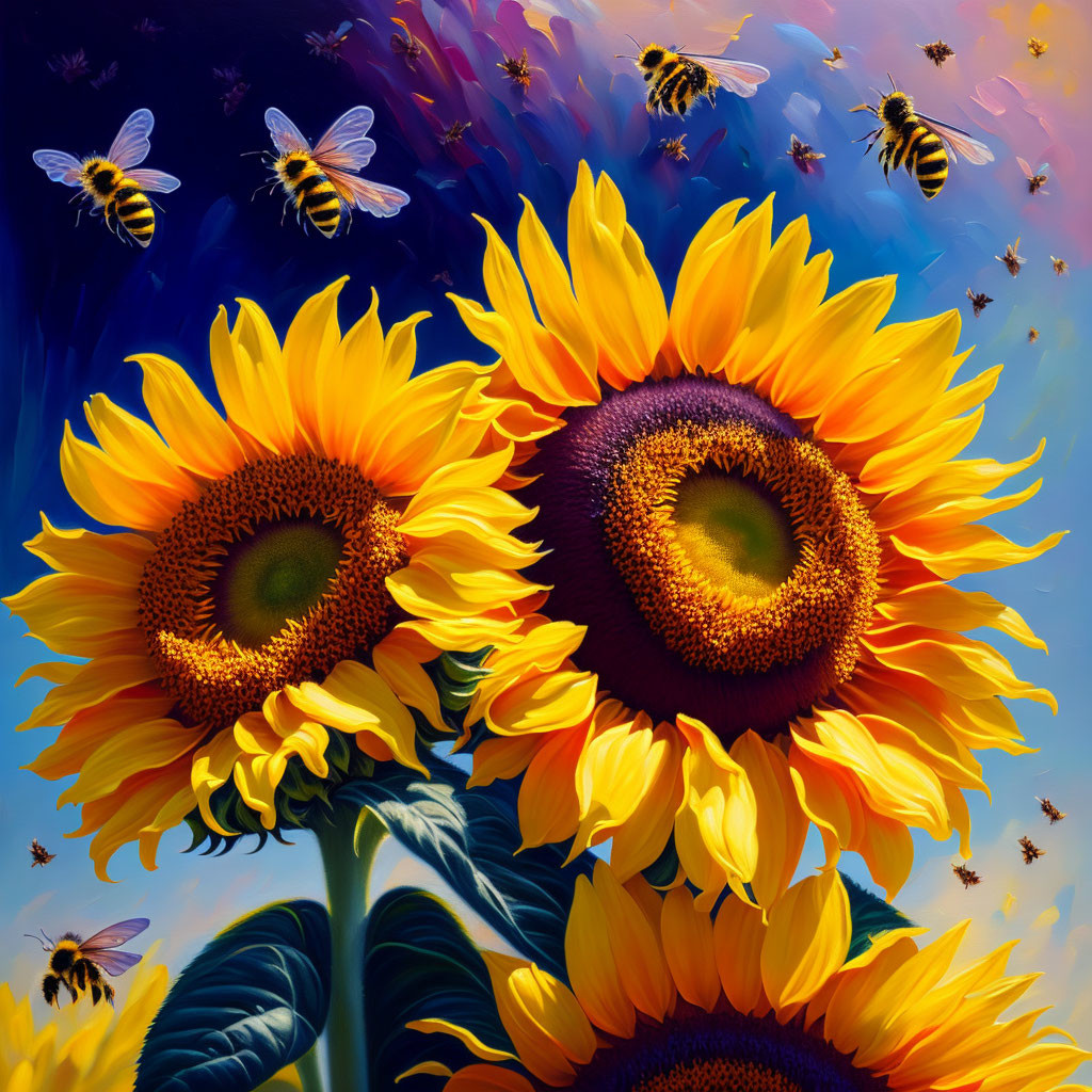 Sunflower and bee painting on blue sky background