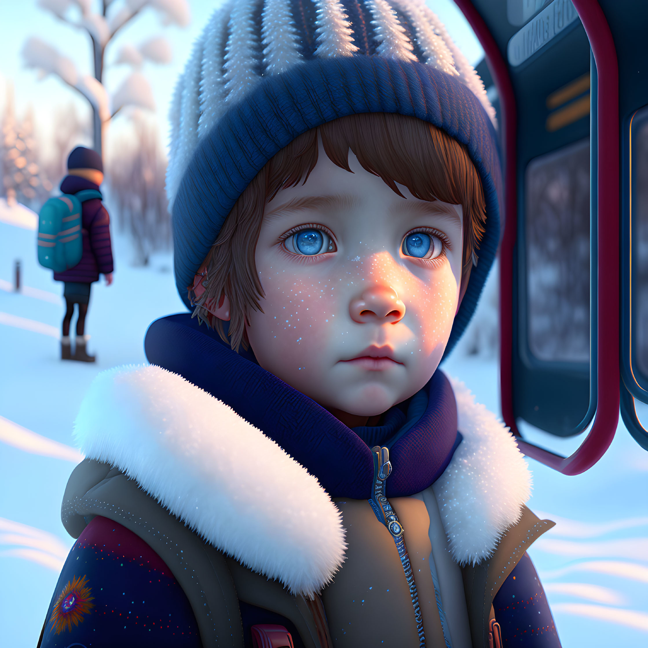 Digital artwork of child in winter clothing by payphone