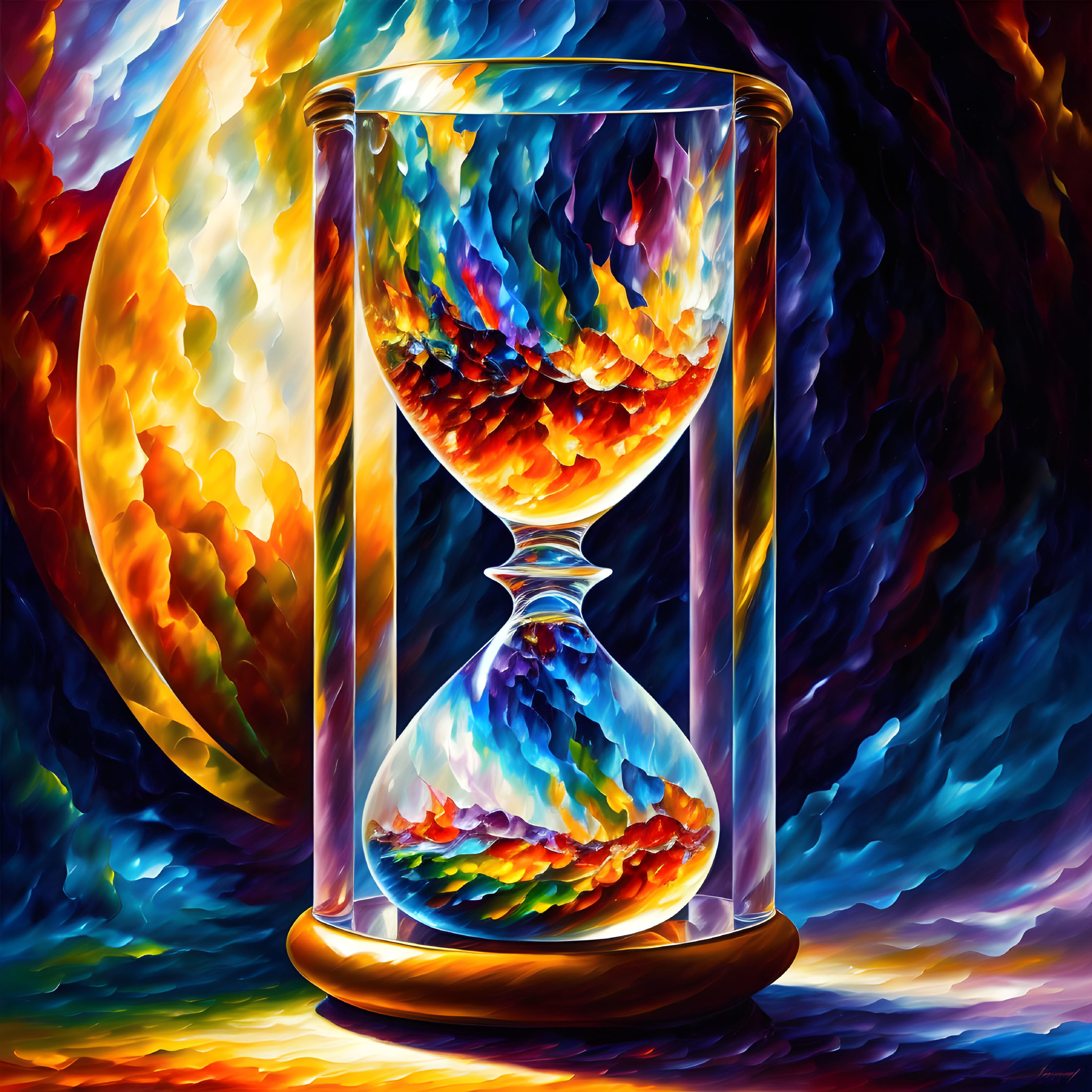 Colorful digital artwork: Hourglass in cosmic setting with sun and celestial hues.