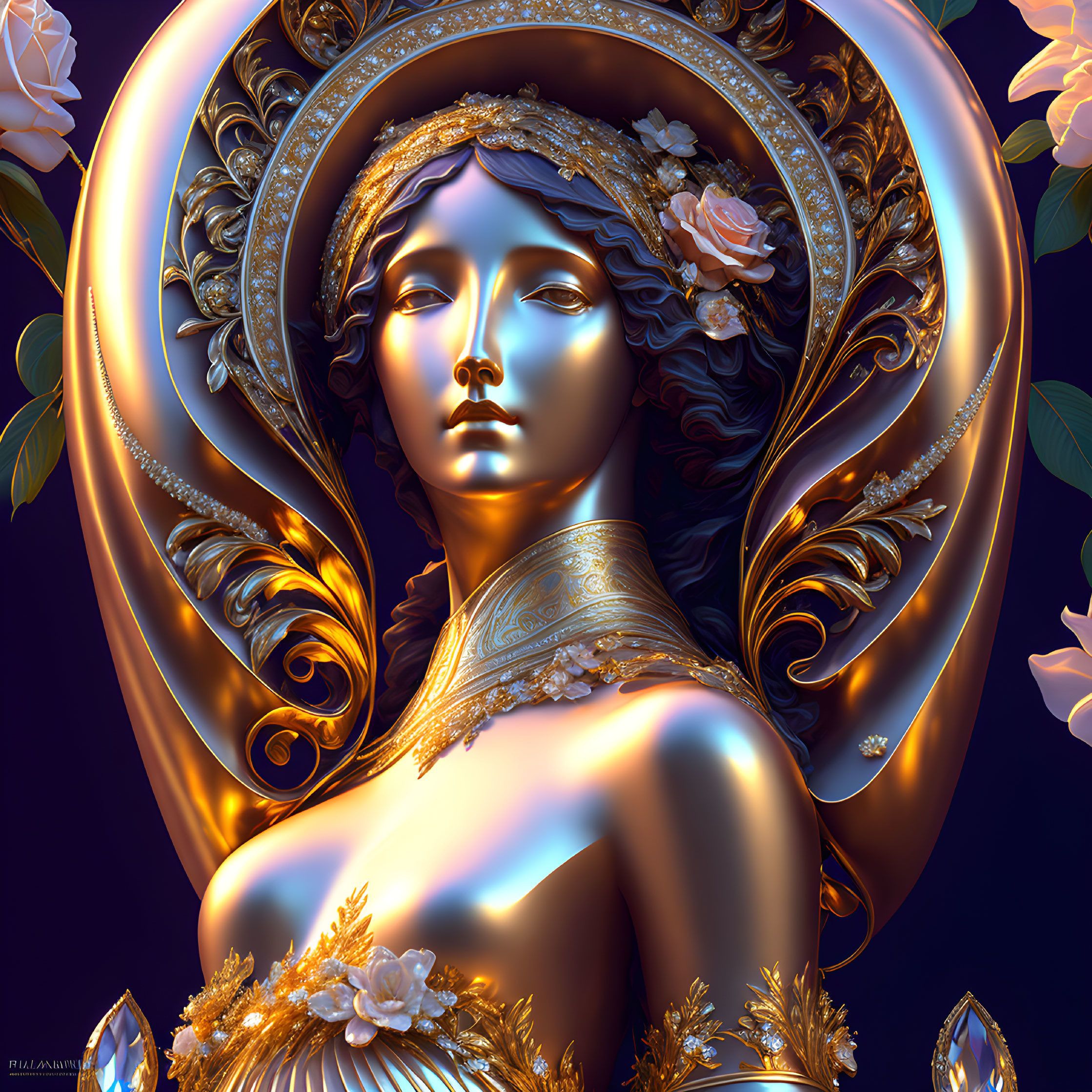 Ornate female figure with gold and floral details in 3D digital art