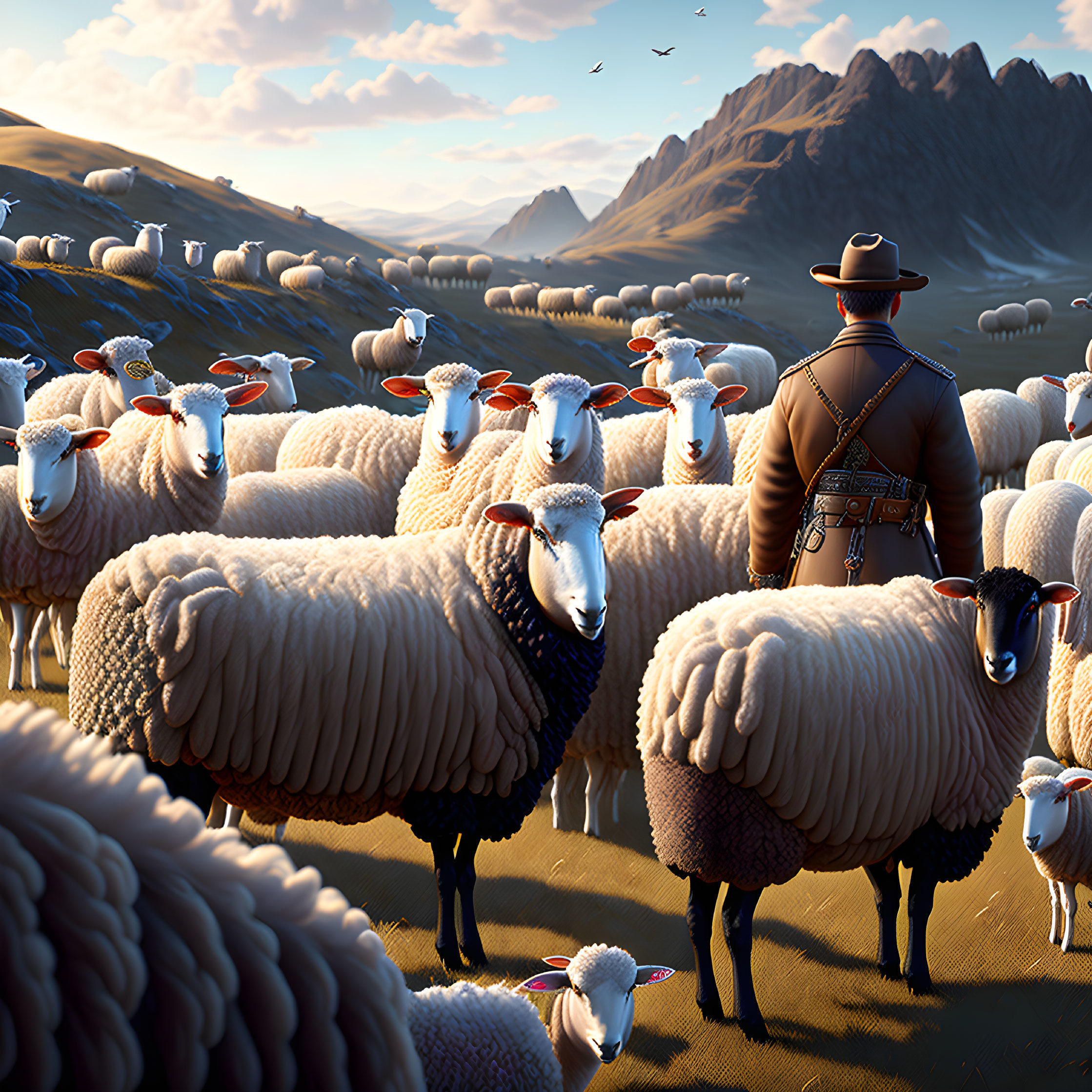 Shepherd with flock of sheep in sunny mountain pasture