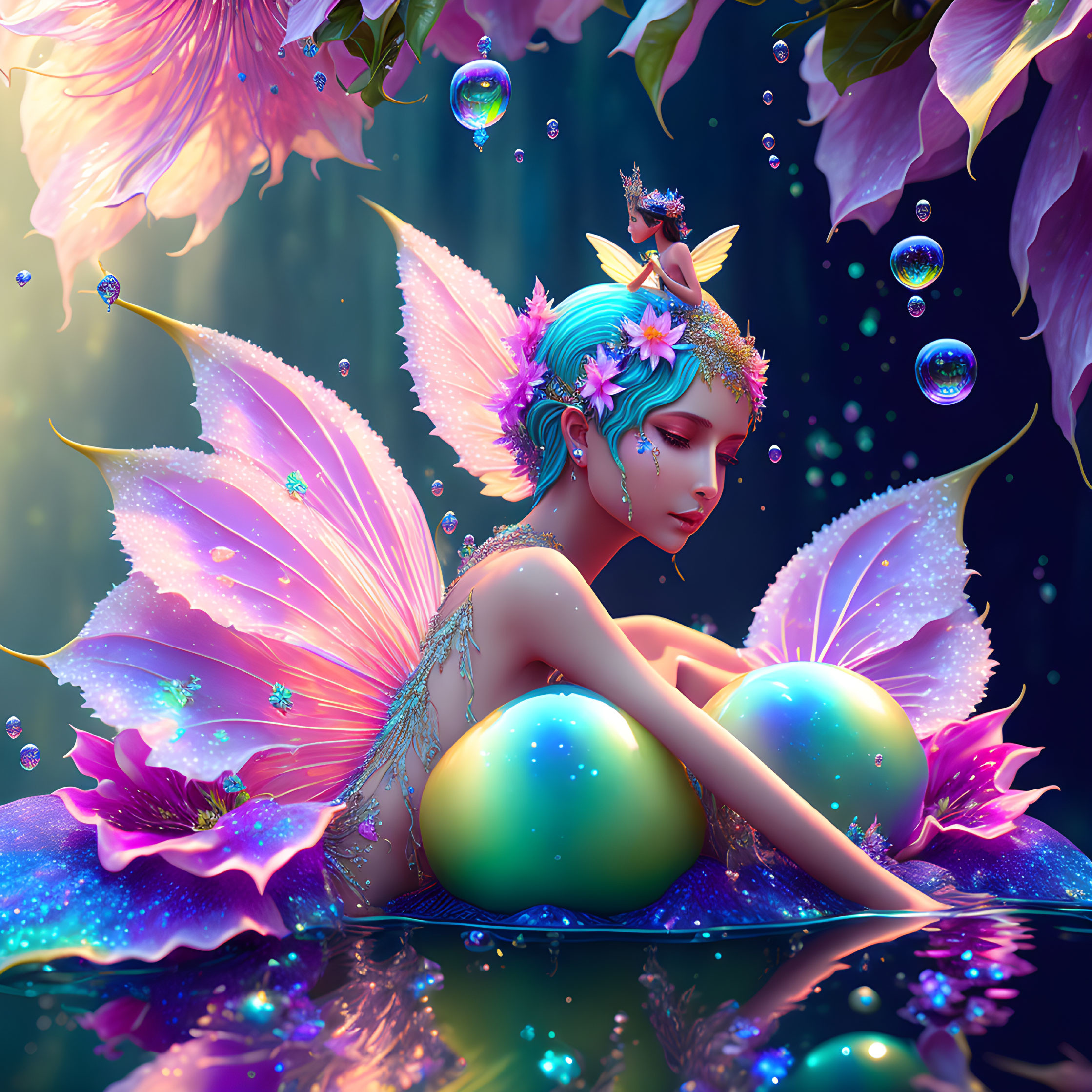 Fantasy illustration of a serene fairy in water with iridescent wings and vibrant floral adornments.