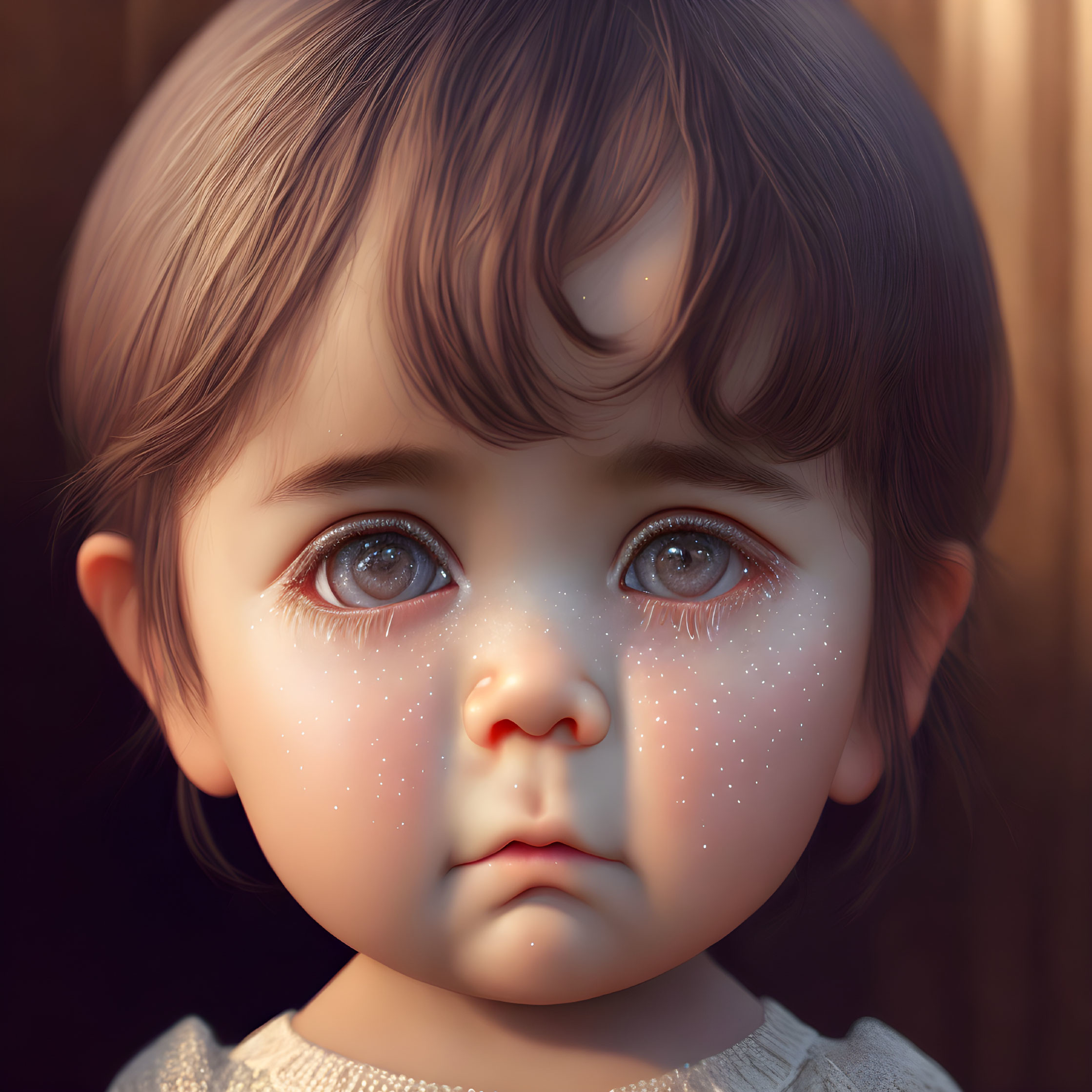 Detailed digital artwork of contemplative toddler with large expressive eyes and freckles