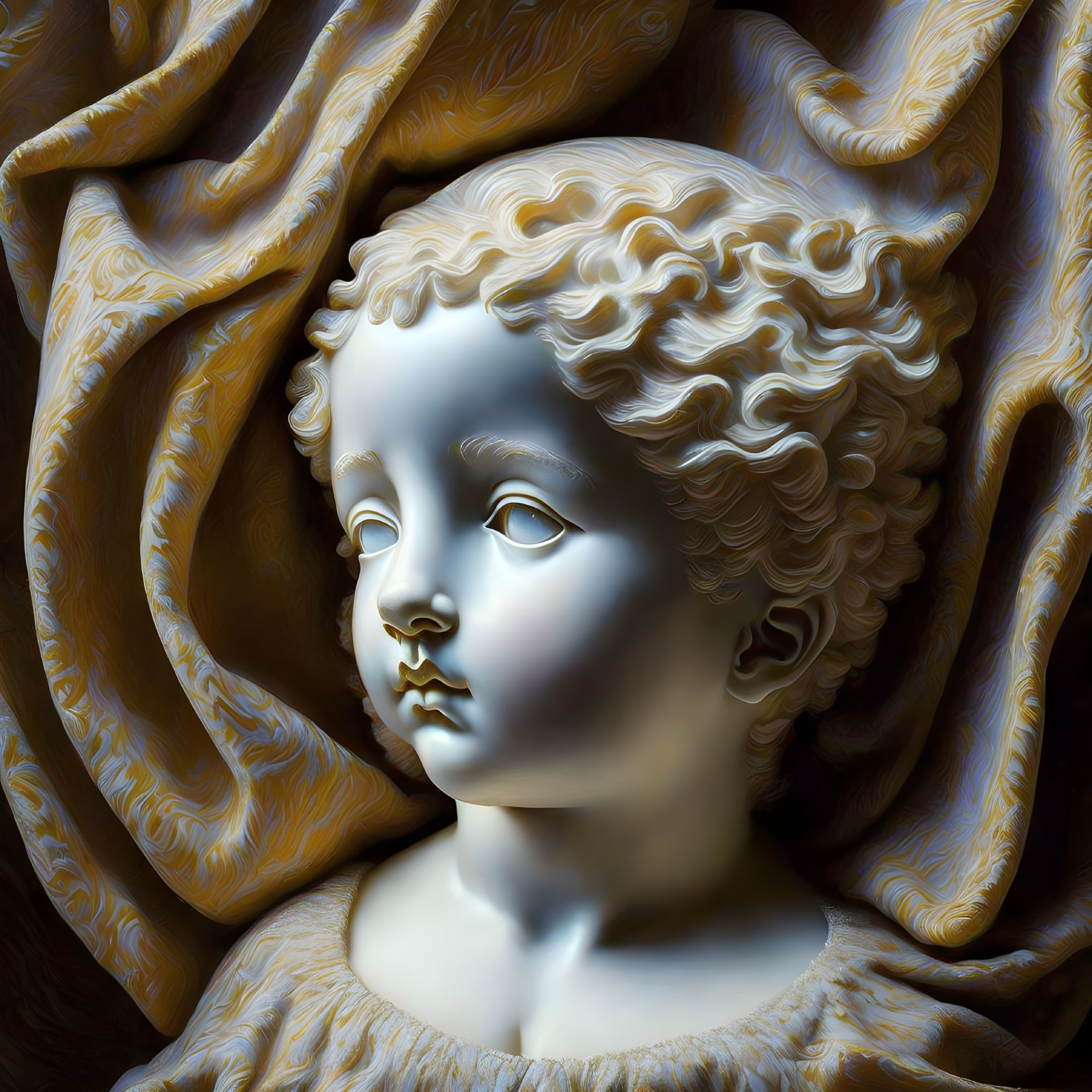 Detailed sculpture of child with curly hair and draped fabric in classical style