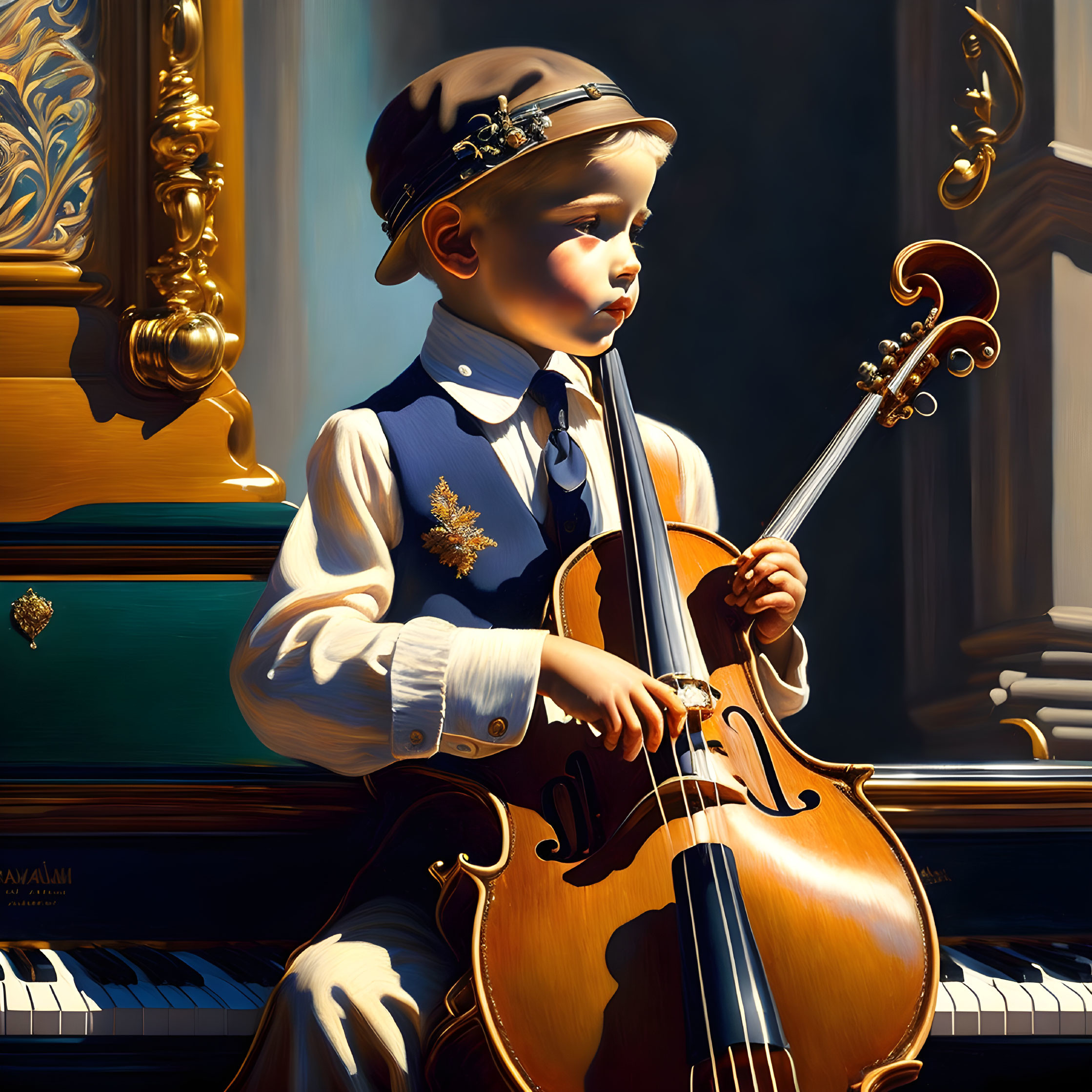 Child in vintage outfit plays cello by grand piano in sunlit room