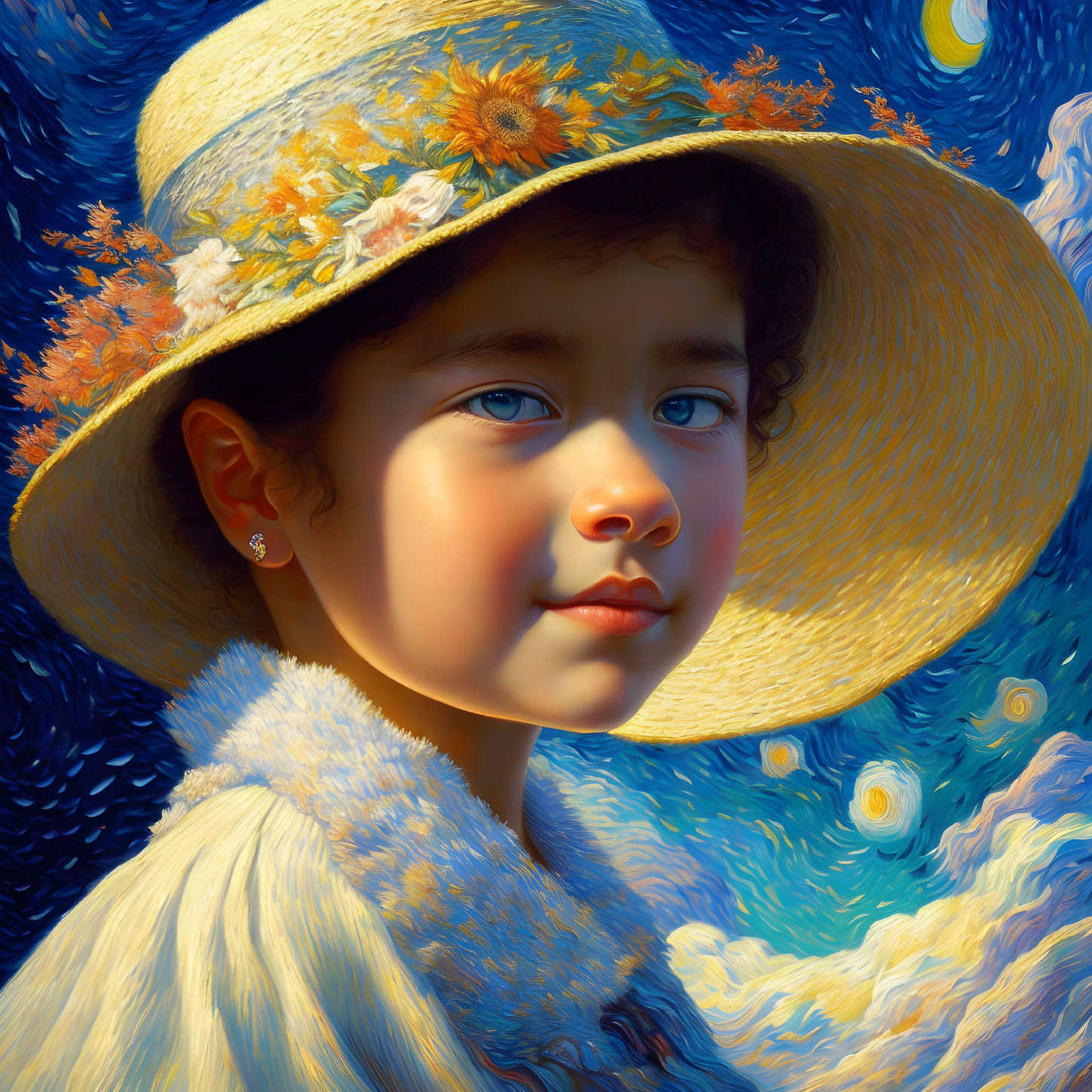 Child with curly hair in sunhat and coat on colorful backdrop