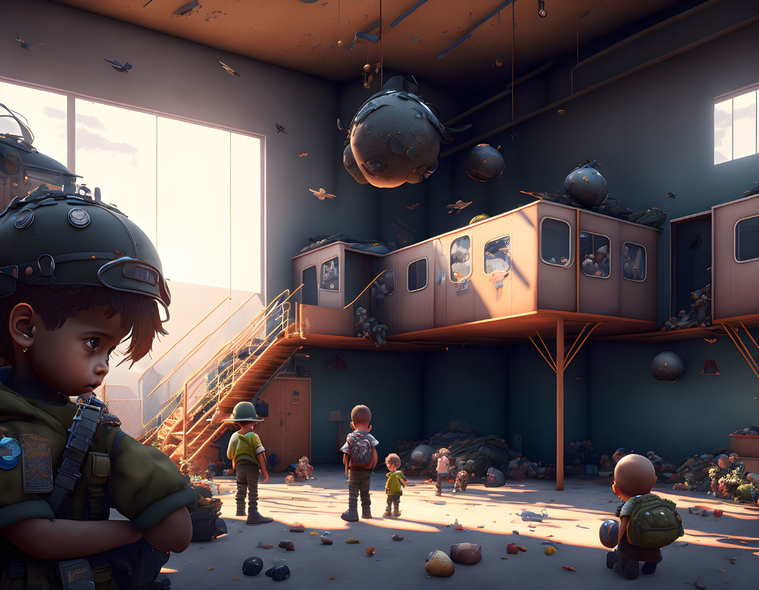 Stylized children in military helmets playing in a war zone-themed room