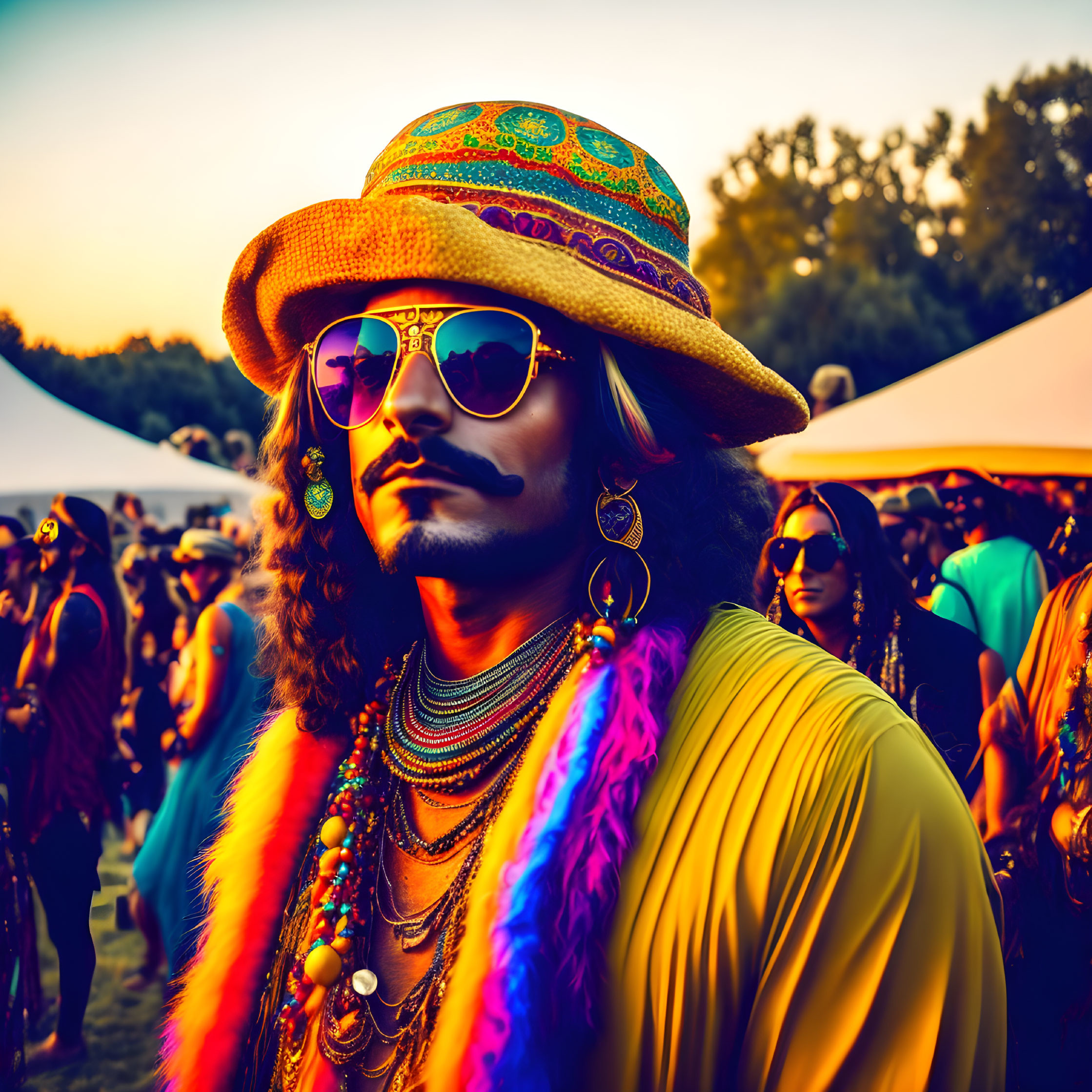 Man in Vibrant Hippie Attire with Round Sunglasses at Outdoor Festival