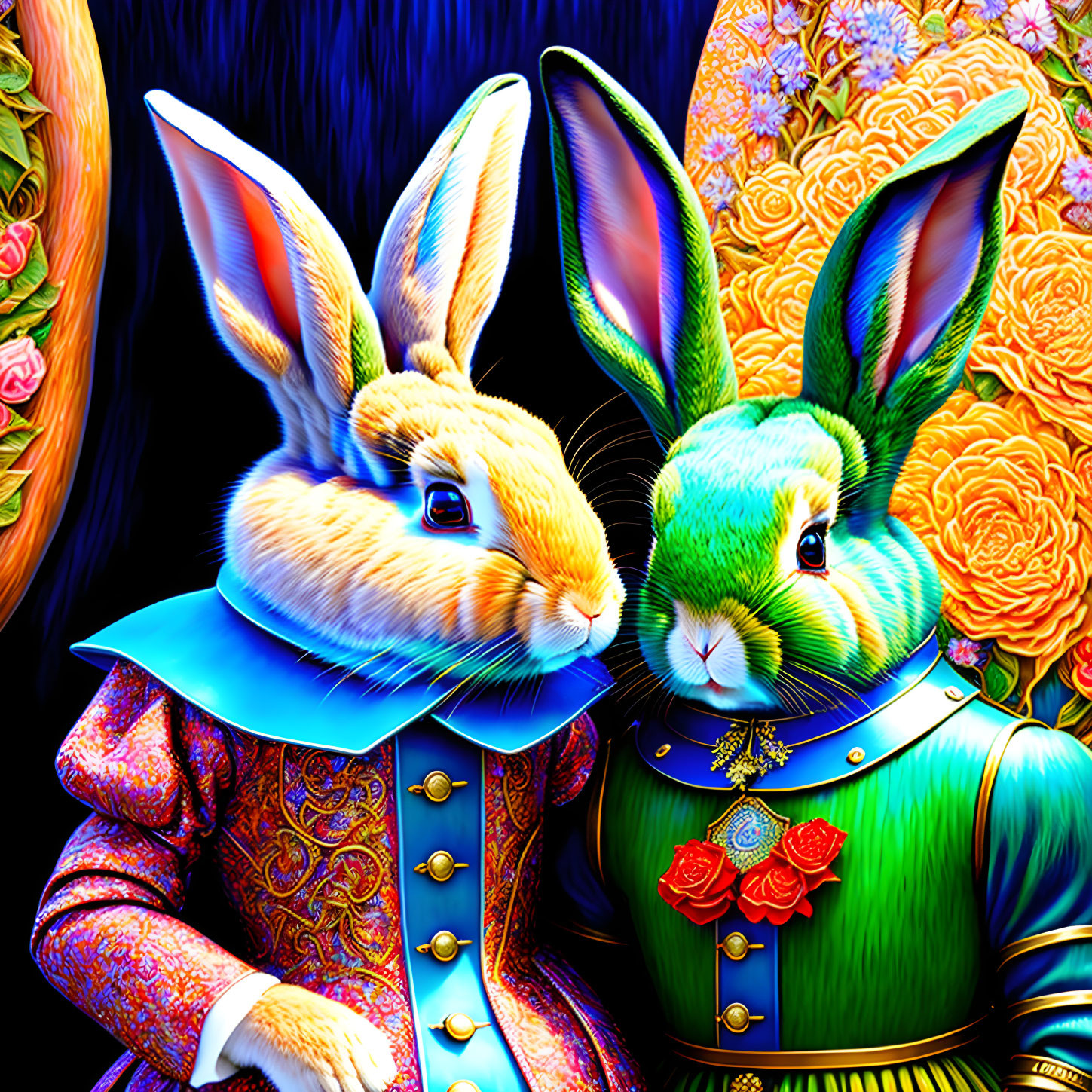 Anthropomorphic rabbits in ornate historical attire with floral patterns