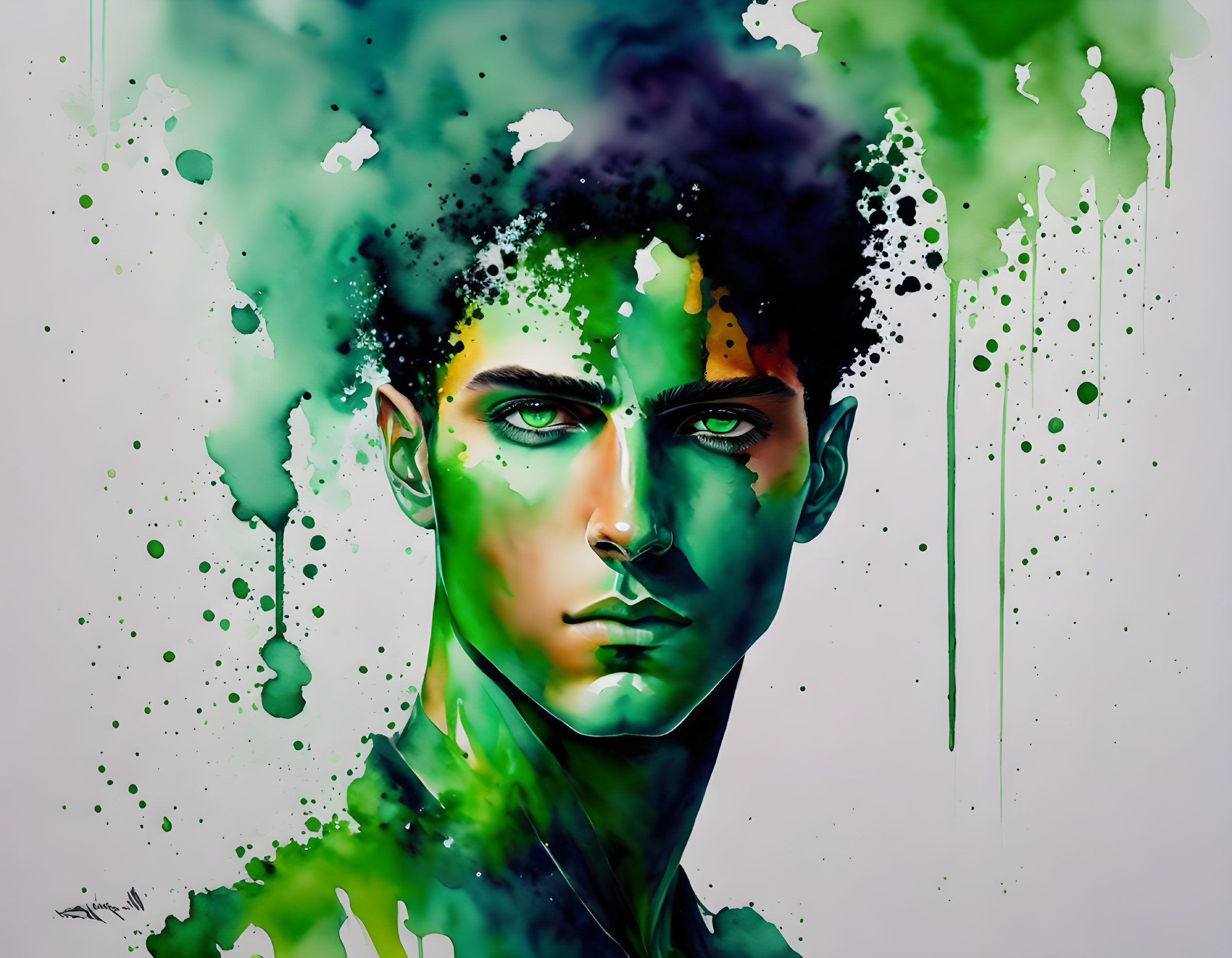 Man's portrait with green and black paint splashes on white backdrop