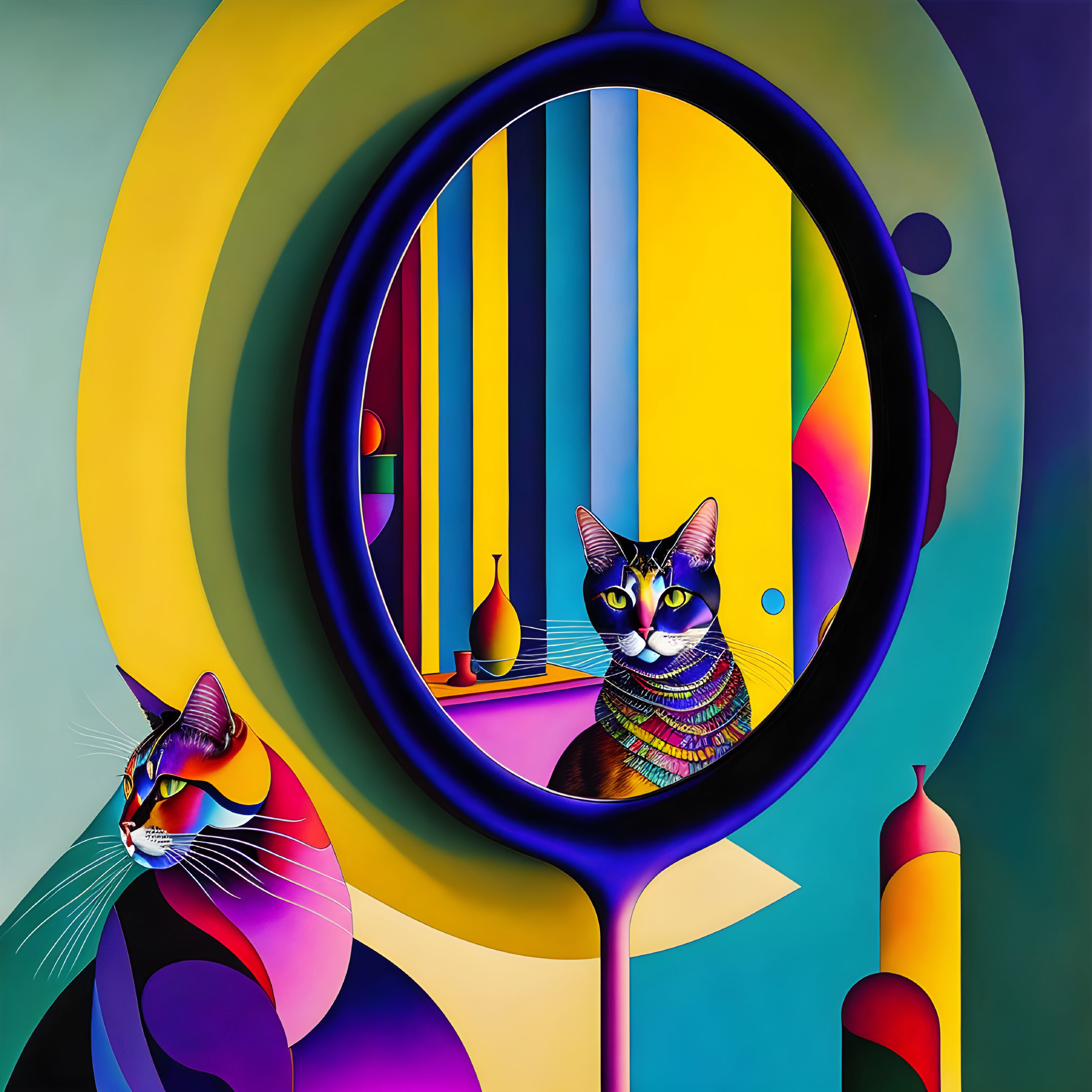 Colorful Cat Artwork with Mirror Reflection and Geometric Background