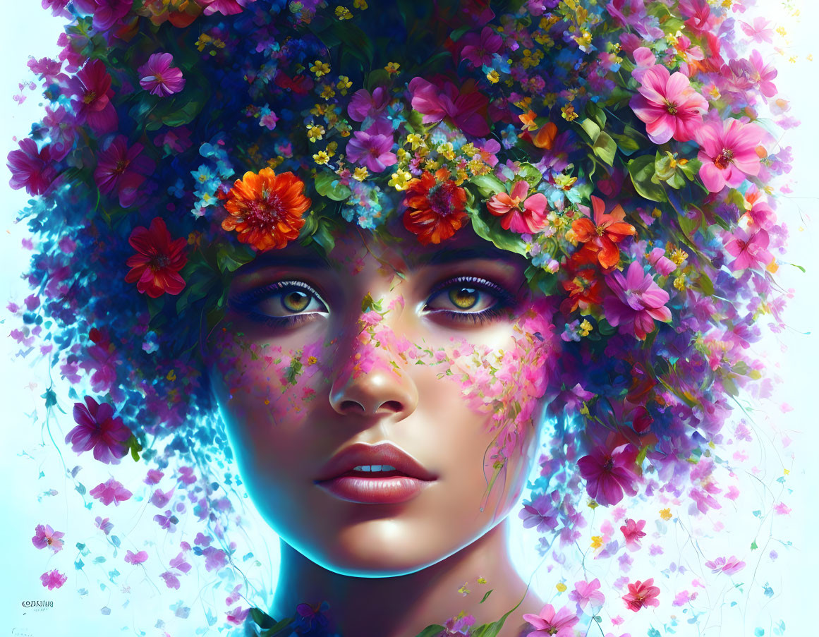 Colorful Floral Wreath Adorns Woman's Face in Digital Art