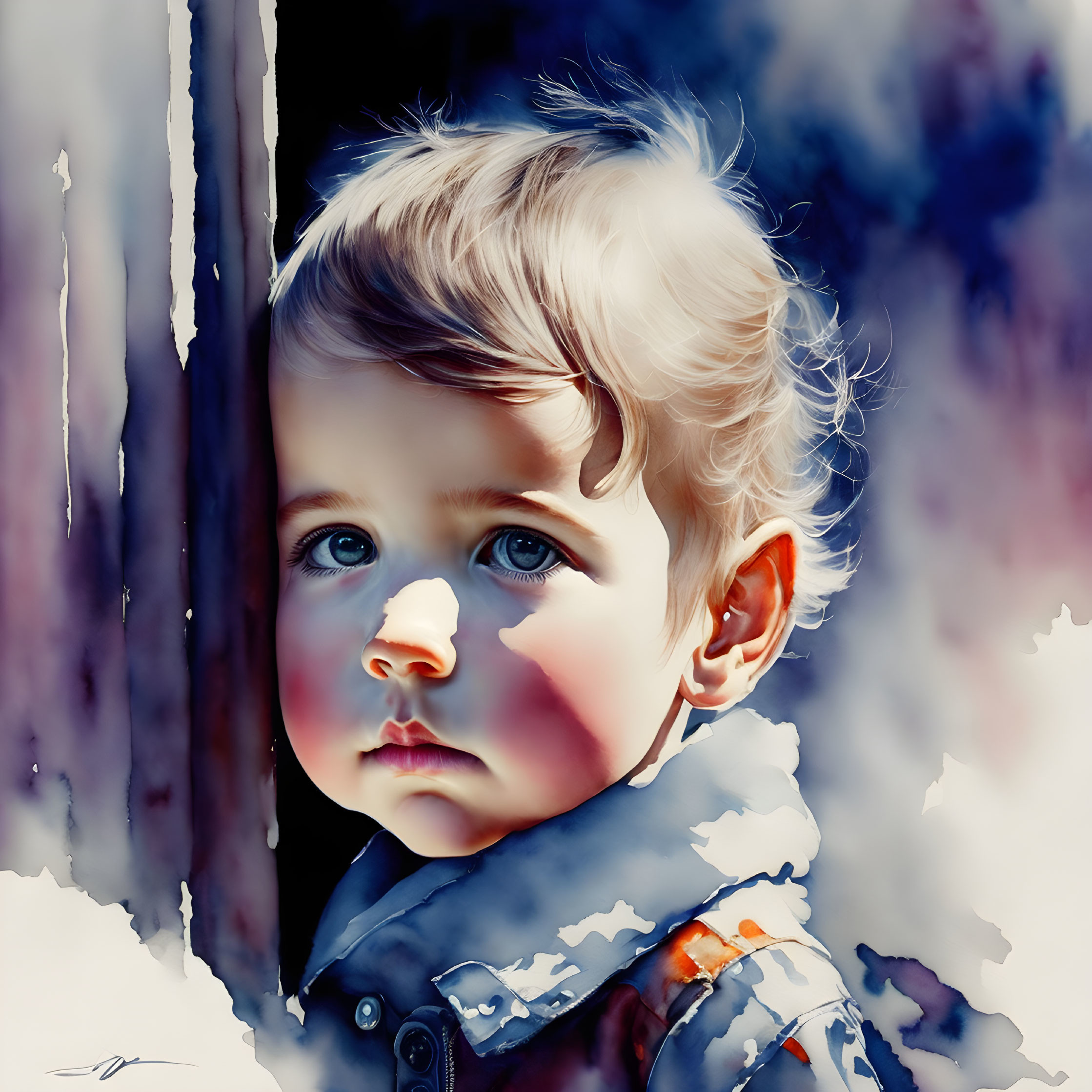 Toddler with Blue Eyes Peeking Behind Surface in Dreamy Digital Painting