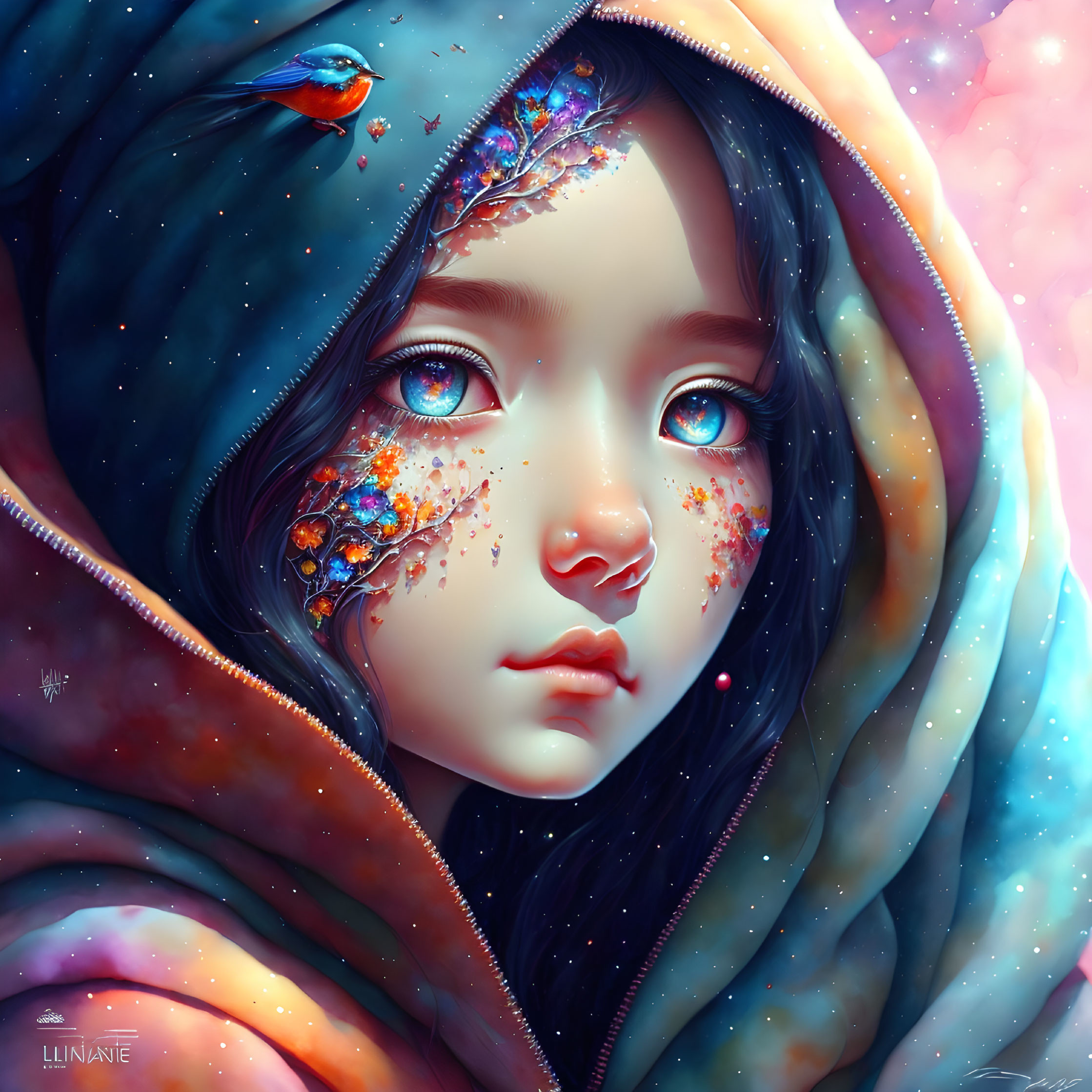 Digital portrait: Young girl with cosmic makeup and hooded cloak, bird nearby