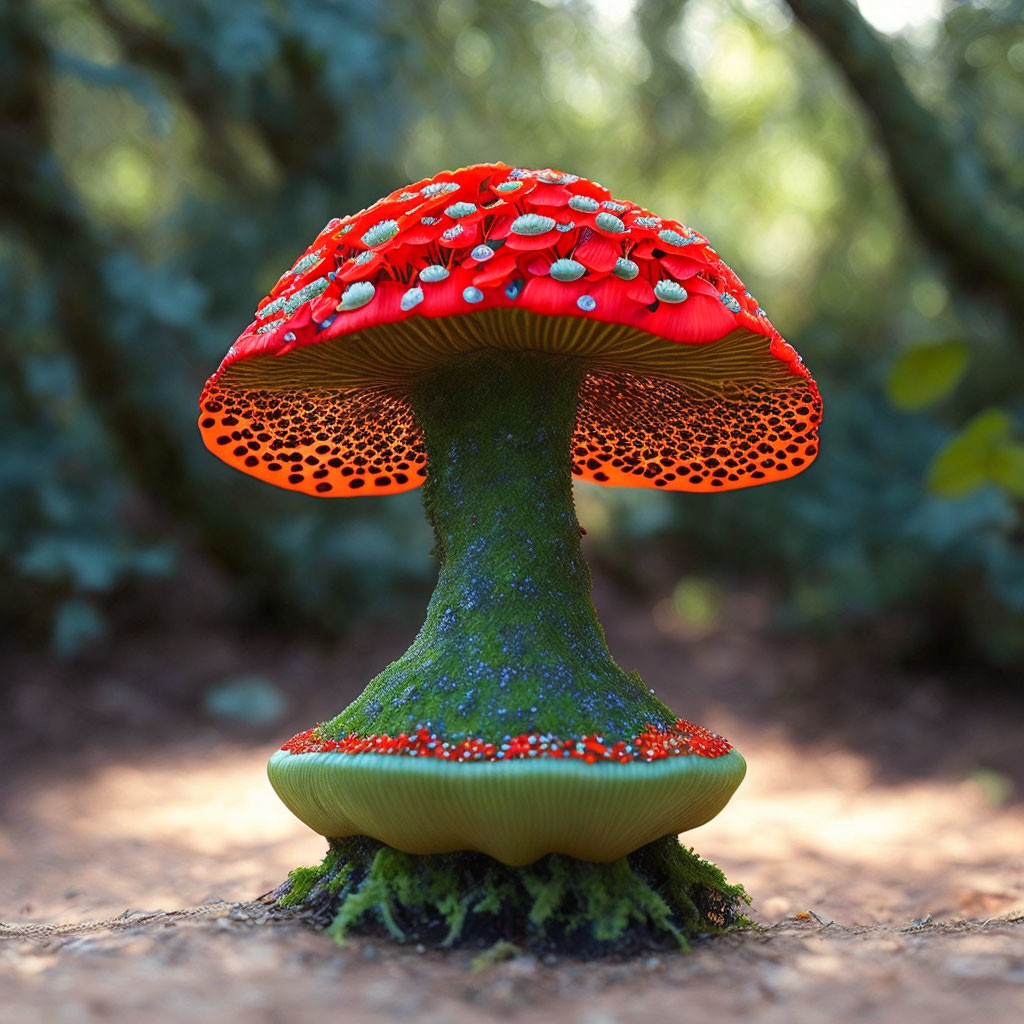 Vibrant red mushroom with white spots in forest setting