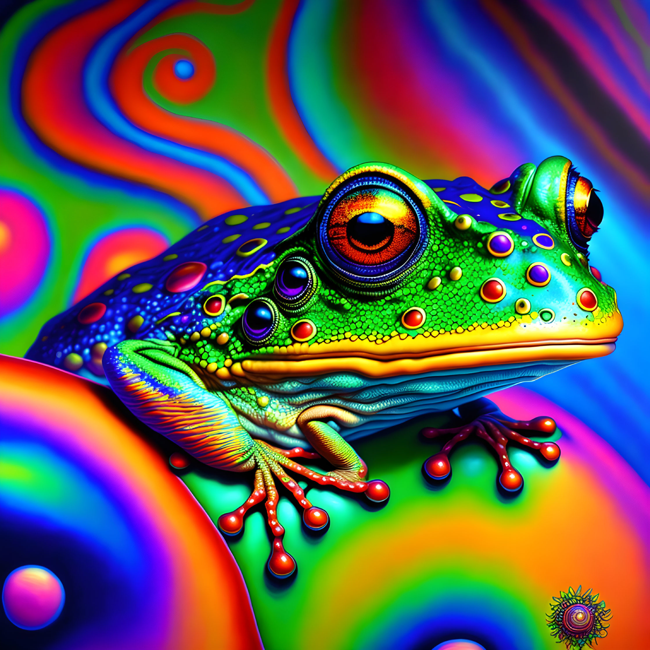 Colorful Psychedelic Frog Illustration with Swirling Patterns