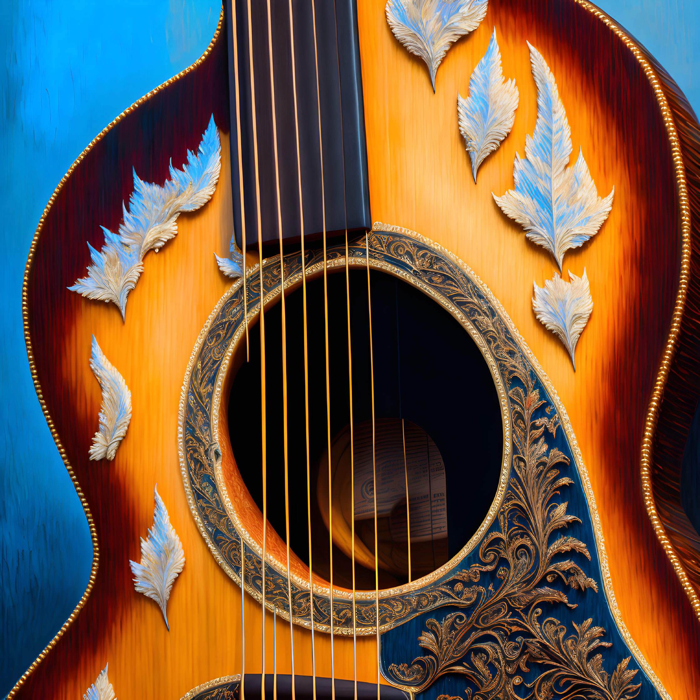 Detailed Acoustic Guitar with Feather Motifs on Blue Background