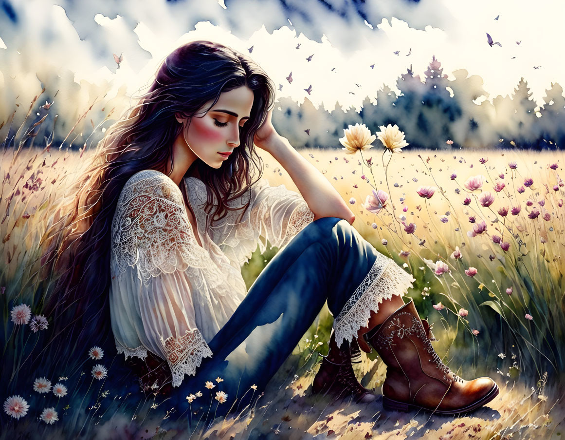 Woman sitting in blooming meadow surrounded by flowers in peaceful solitude