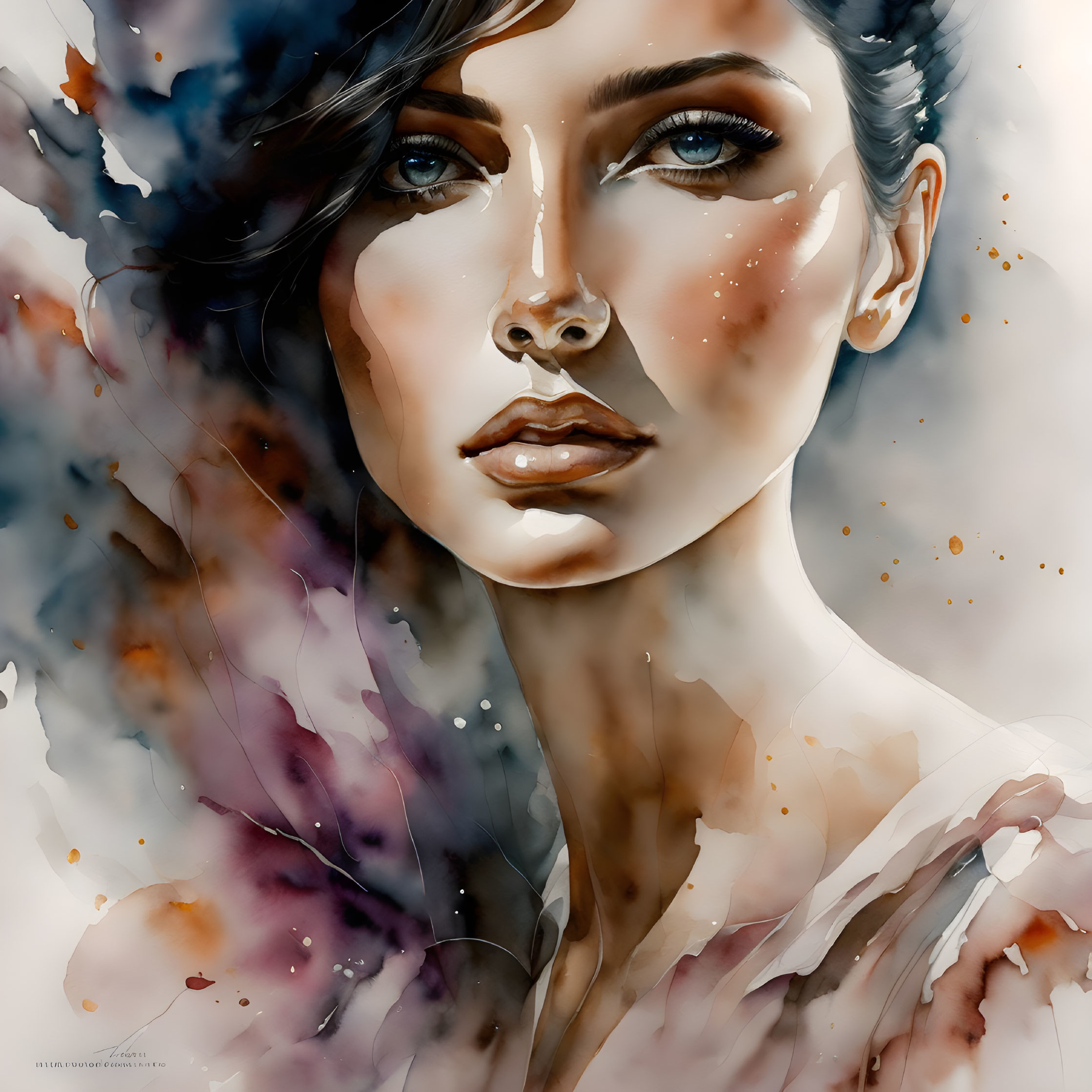 Illustration of a woman with blue eyes, full lips, and brown hair in watercolor style.