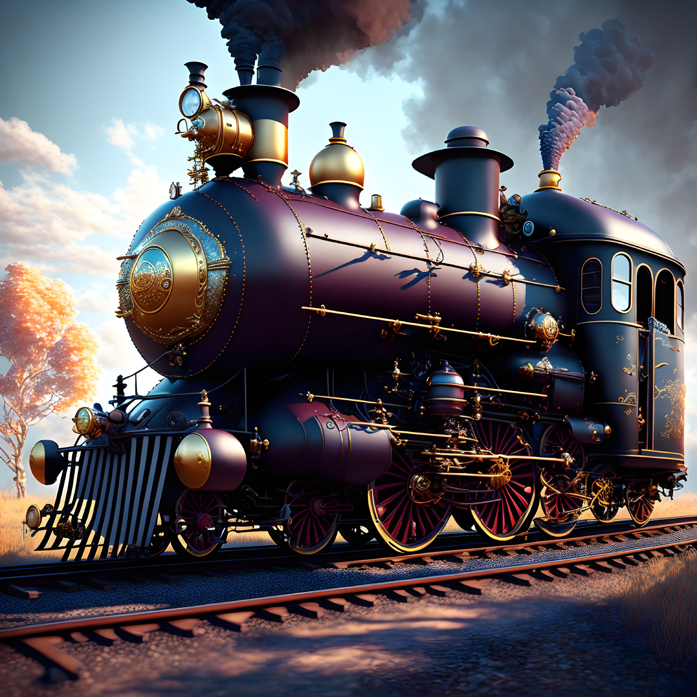 Vintage steam locomotive with gold detailing on tracks amidst autumn trees and dusk sky