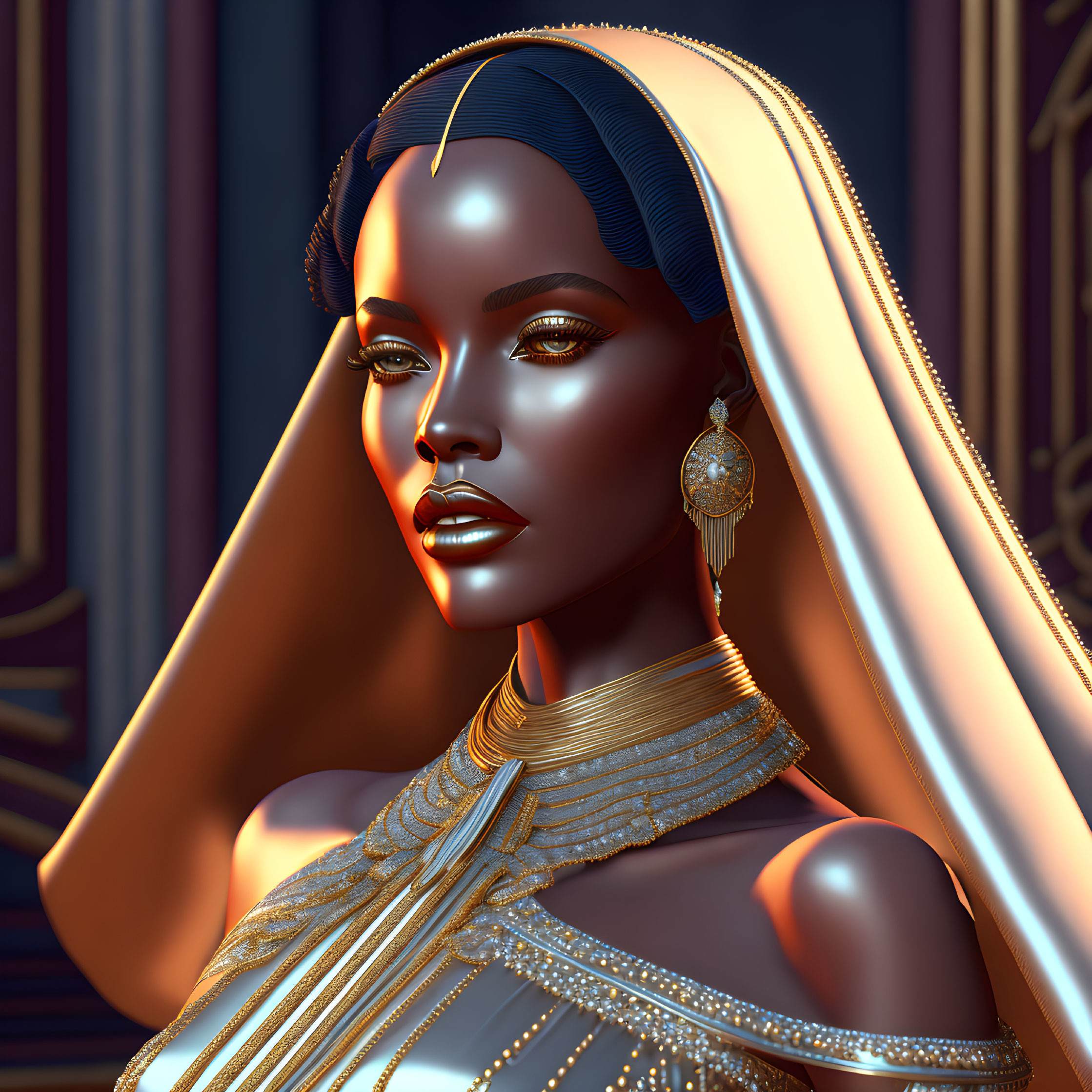 Digital artwork: Woman with golden jewelry & headscarf on luxurious dark background