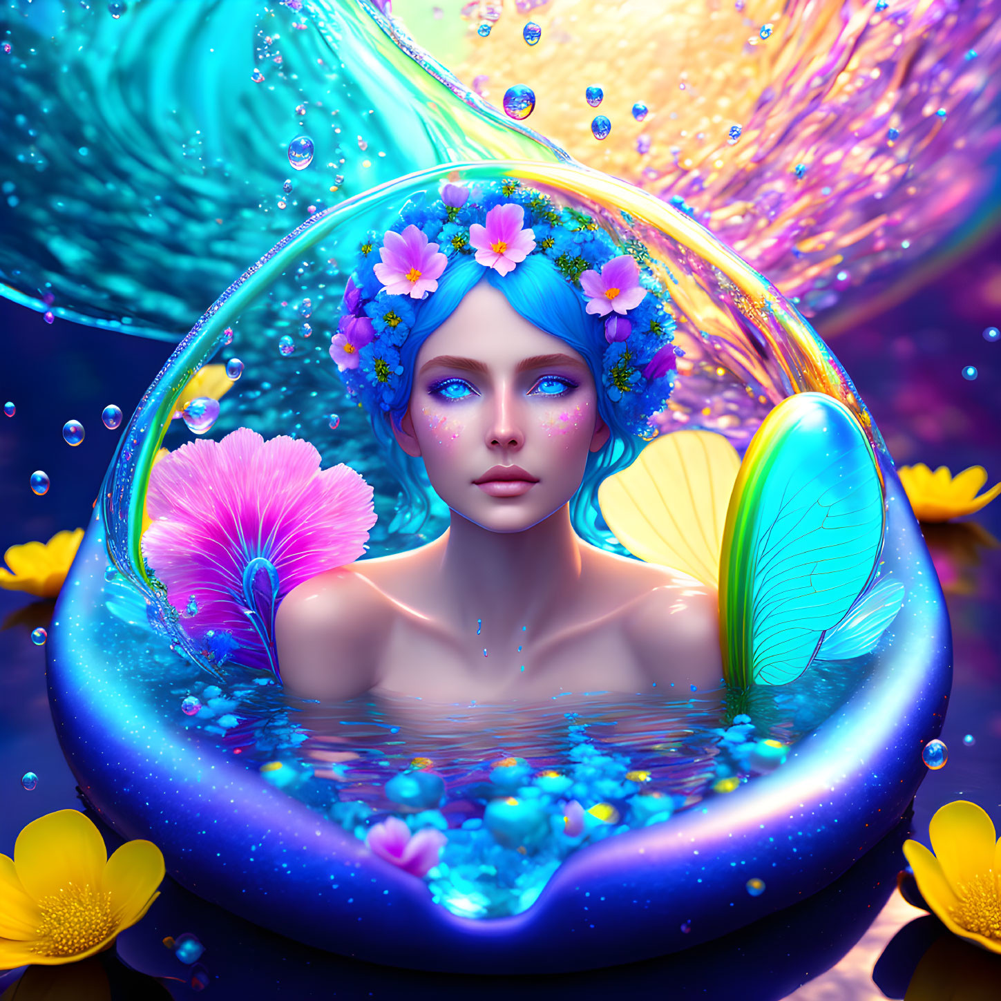 Surreal portrait of woman with vibrant blue hair and floral adornments, surrounded by water, bubbles