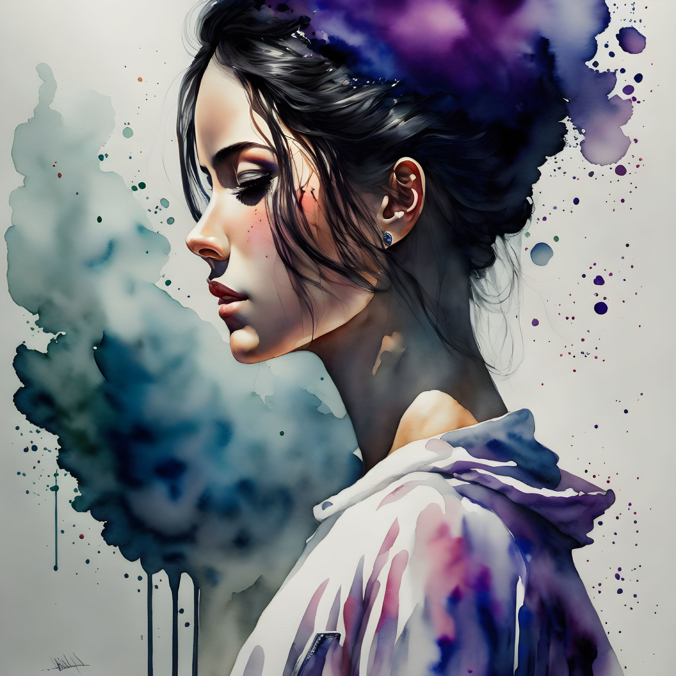 Profile view digital artwork of woman with watercolor splashes blending into abstract form