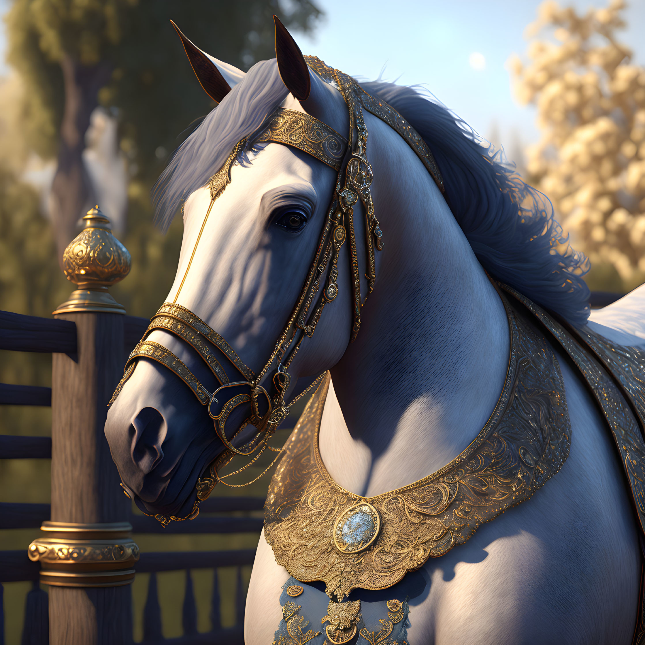 White Horse with Golden Bridle Stands by Fence in Sunlit Setting