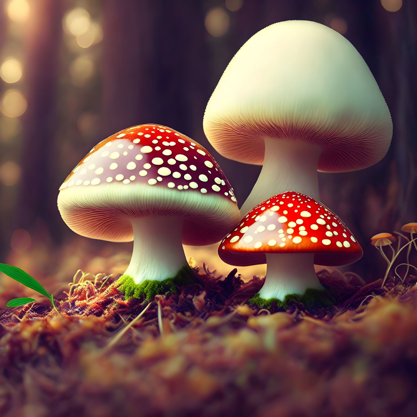 Vibrant Red-Capped Mushrooms in Forest Foliage Under Soft Sunlight